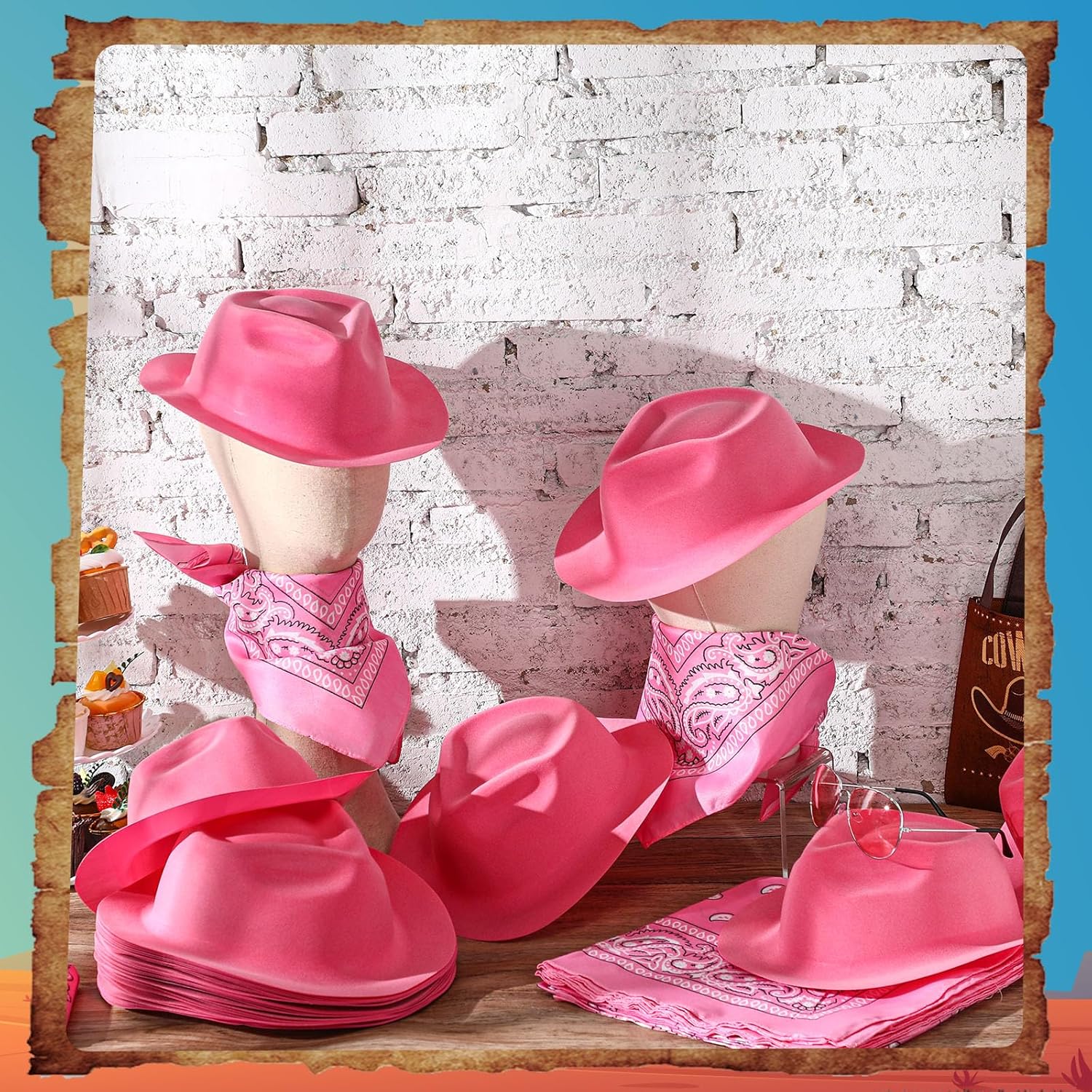 Hillban 72 Pcs Western Cowboy Hat and Paisley Bandana Set for Kids Felt Cowboy Party Hats for Costume Party Favors(Pink) - Image 4