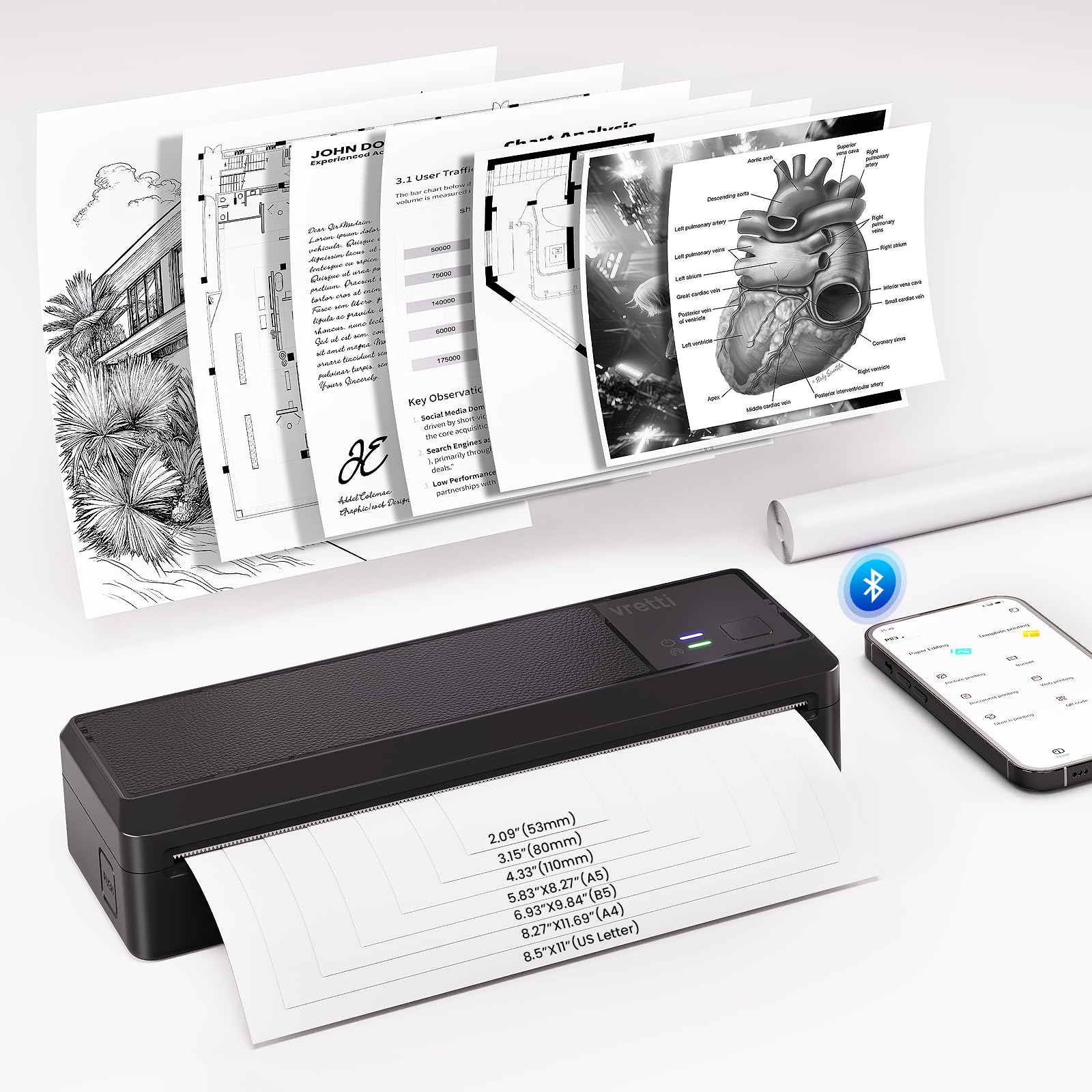 vretti P83 Stampante Portatile A4, Stampante Termica Portatile, Compatibile con iPhone/PC/USB, iOS/Android via Wireless Bluetooth, Stampa Contratti/Ricevute/Documenti, Supporta Carta Termica A4, Nero