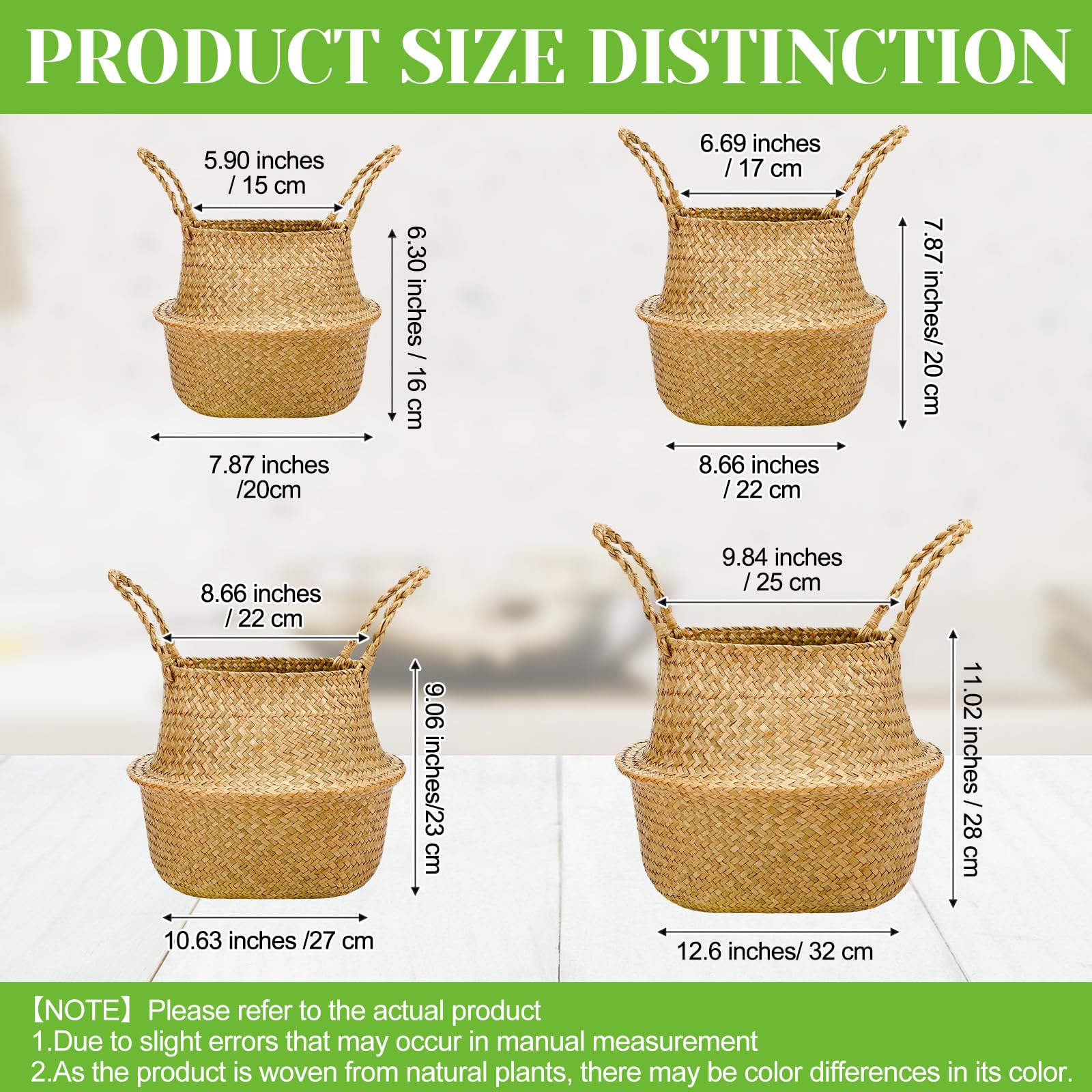 Qunclay 4 cestini in vimini intrecciato, pieghevoli, bohémien, naturali, con manici, rotondi, decorativi, per interni, per casa, esterni, fioriere per alberi (multidimensione)