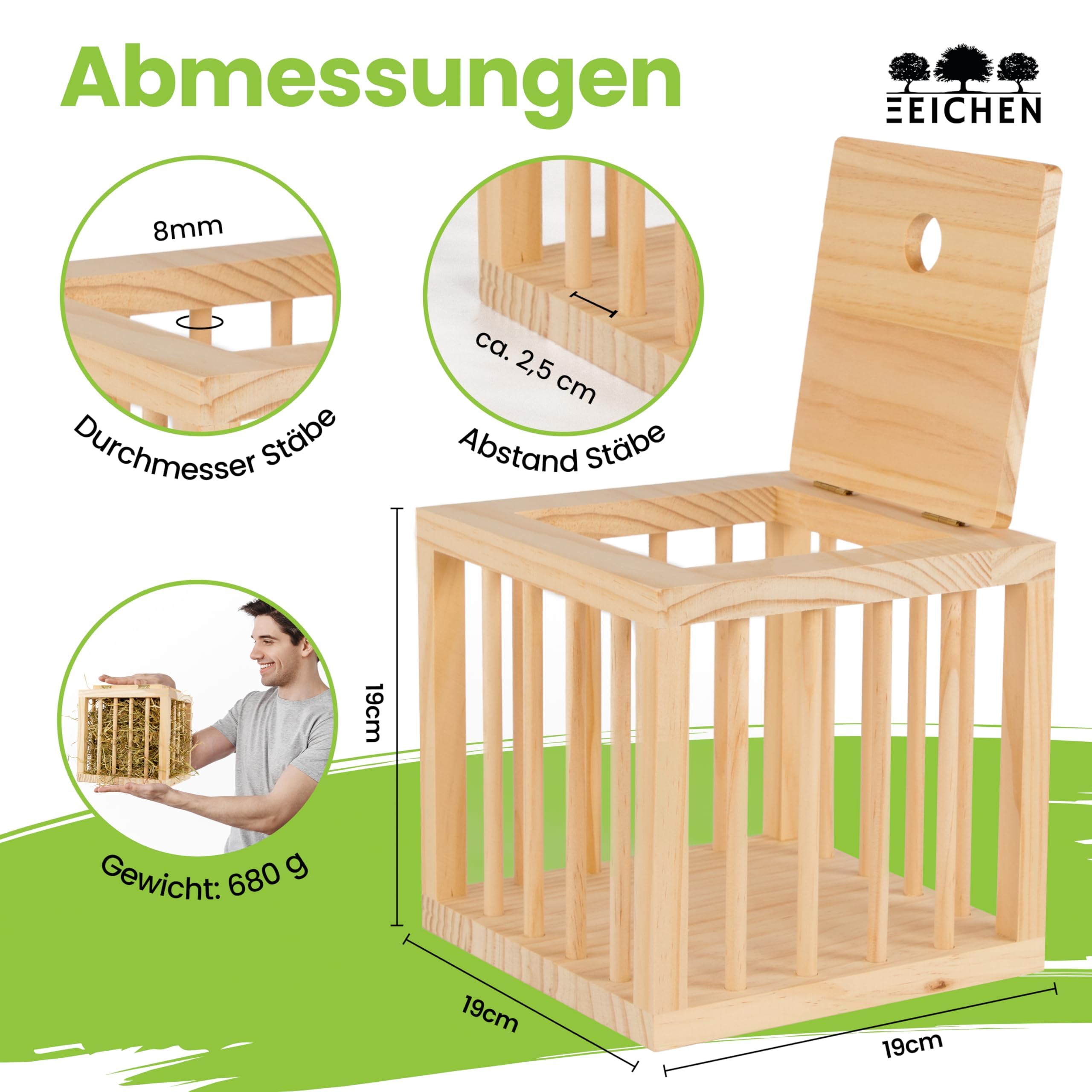 Heuraufe Kaninchen, Hasen, Hamster. Stabiler Stand in Würfelform. Unbehandeltes Naturholz. Perfekt für den Kaninchenstall. Heuraufe Meerschweinchen. Heu. Zubehör. Groß. Stehend | Drei Eichen