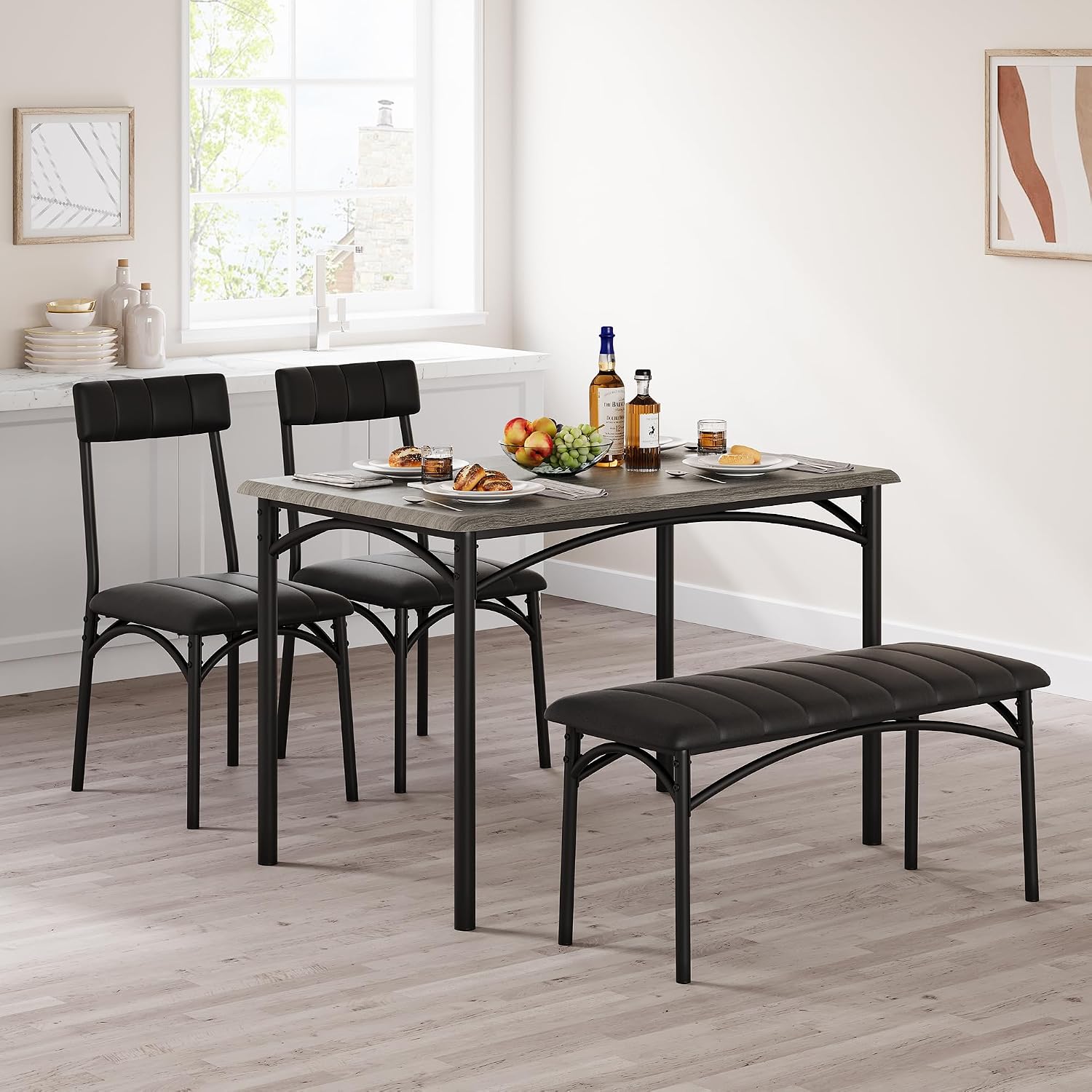 IDEALHOUSE Dining Table Set for 4, Kitchen Table and Chairs for 4, Rectangular Kitchen Table Set with Upholstered Bench, Dining Room Table Set for Small Space, Apartment, Dinner, Retro Gray