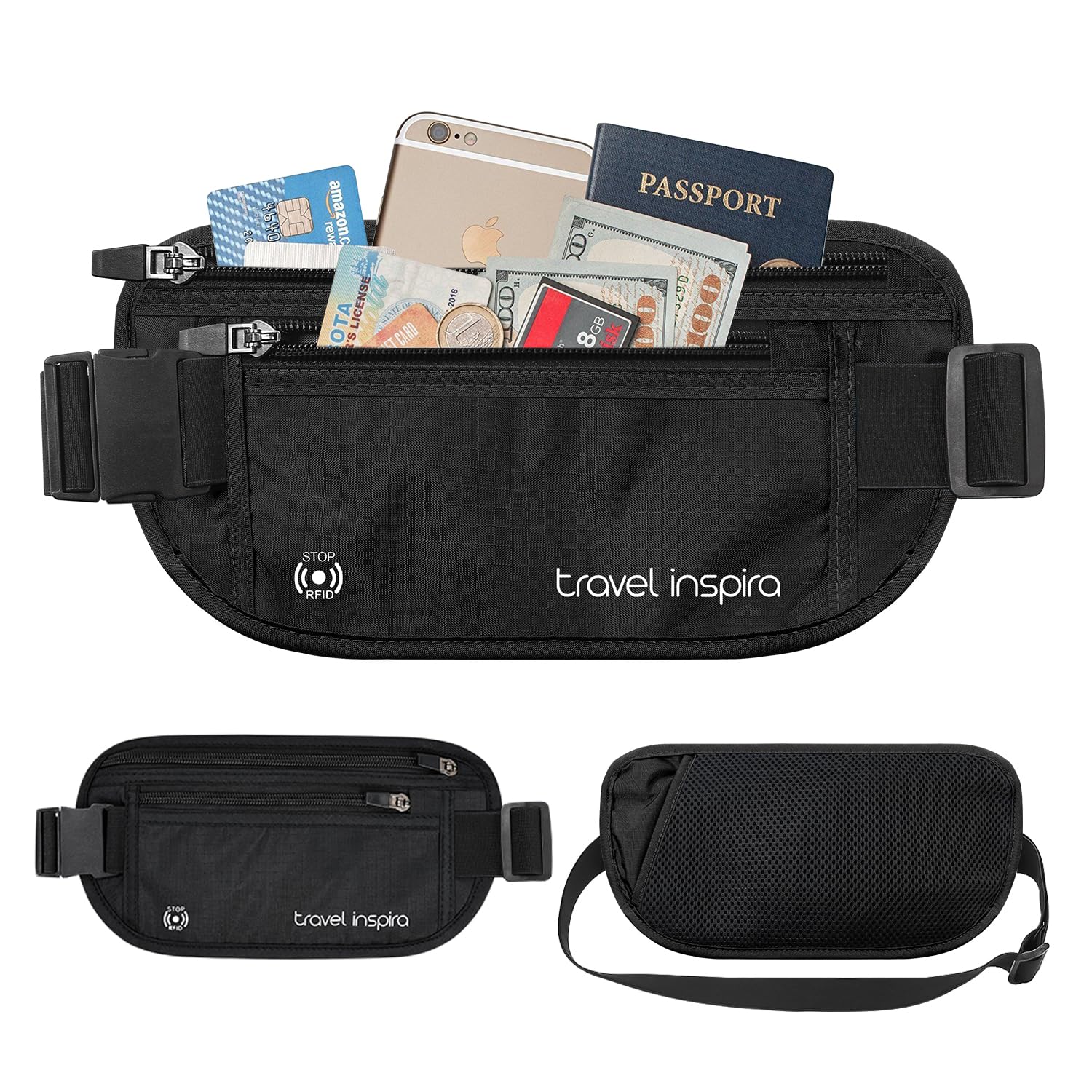 travel inspira Riñonera Antirrobo Bloqueo RFID Porta Documentos para Viaje | Cremallera Antirrobo, Ultra Fino y Invisible, Ligero, Cinturón Elástico Hasta 140 cm, con Acolchado Suave, Hidrófugo