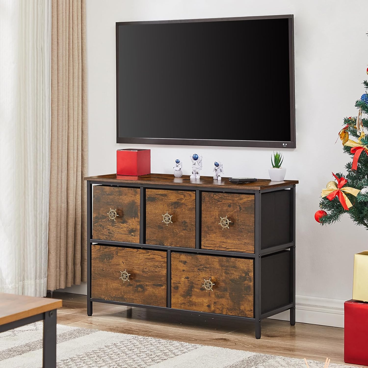 VECELO 31.5"x11.8"x21.6" TV Stand,TV Cabinet with 5 Fabric Drawers,Wooden Dresser Storage Tower Cabinet,Side Table for Living Room,Bedroom