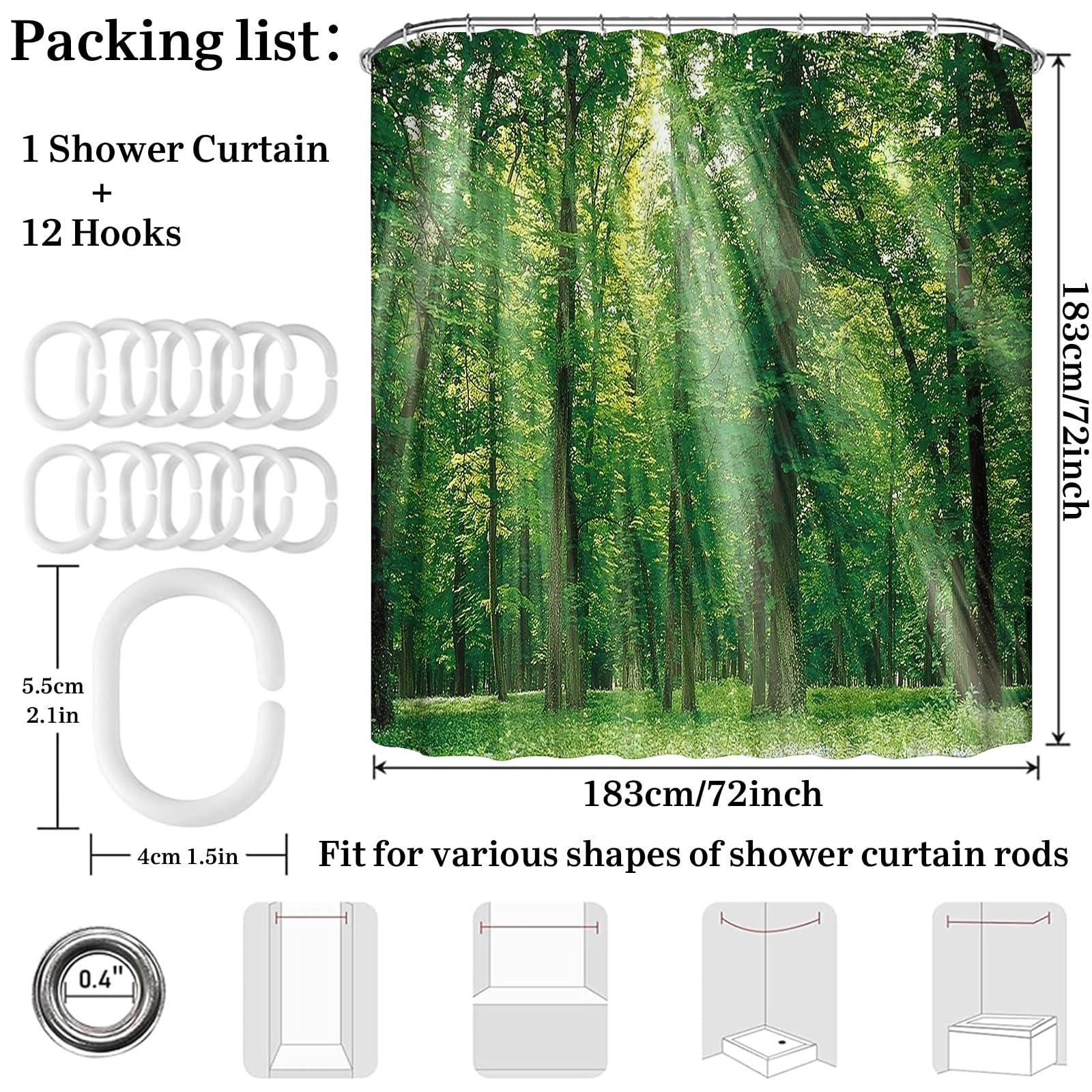 Simpomsy Green Forest Shower Curtain, Green Jungle Tall Trees Sunshine Shower Curtains - Image 2