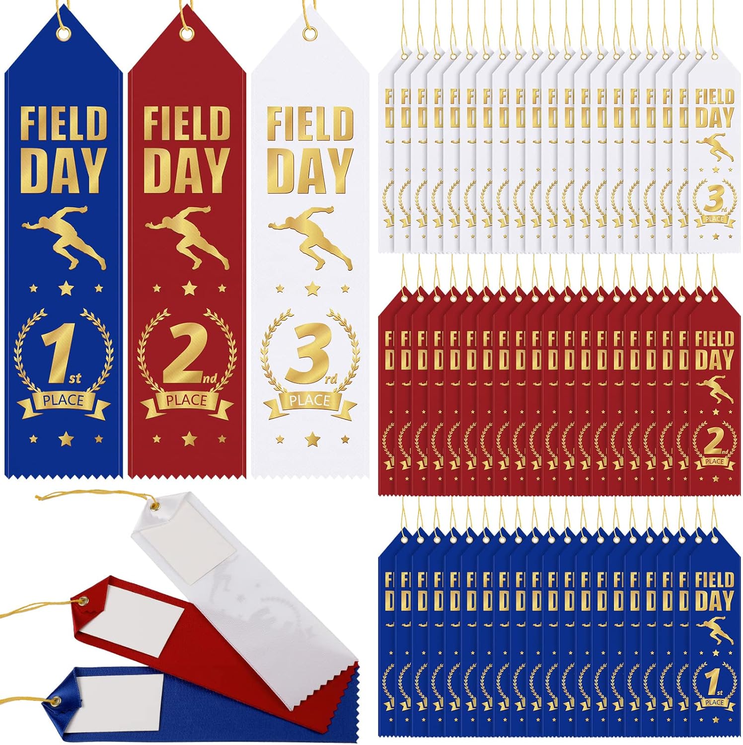 Oudain 72 Pieces Field Day Award Ribbons 1st, 2nd, 3rd Place School Field Day Ribbons with Event Card and Rope Red, Blue, White Student Awards Classroom for Competition Sports Event