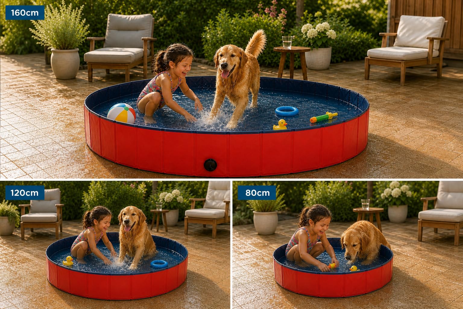 lionto Hundepool faltbar aus kratzfestem PVC-Material, Ø 160 cm, Höhe 30 cm, Anti-Rutsch-Belag & Abflussstopfen für schnelle Entleerung, Keine Pumpe benötigt, robuster Kinderpool, blau/rot