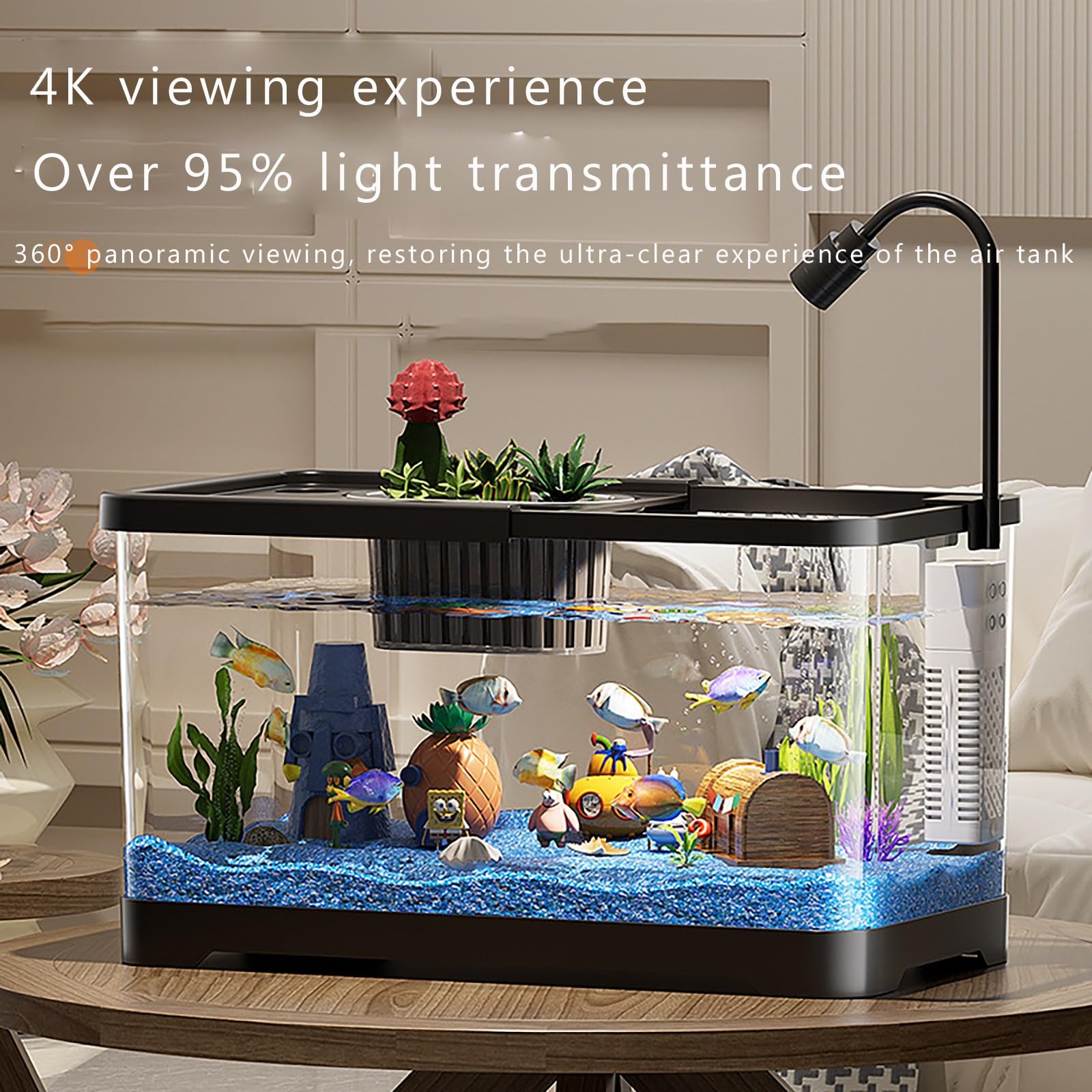 TaLcuS Acquario con Filtro e Luce, Kit Acquario Piccolo, Acquario Rettangolare con Luce LED, Sistema di filtraggio a Vassoio(Black,37.6 * 21 * 21cm)
