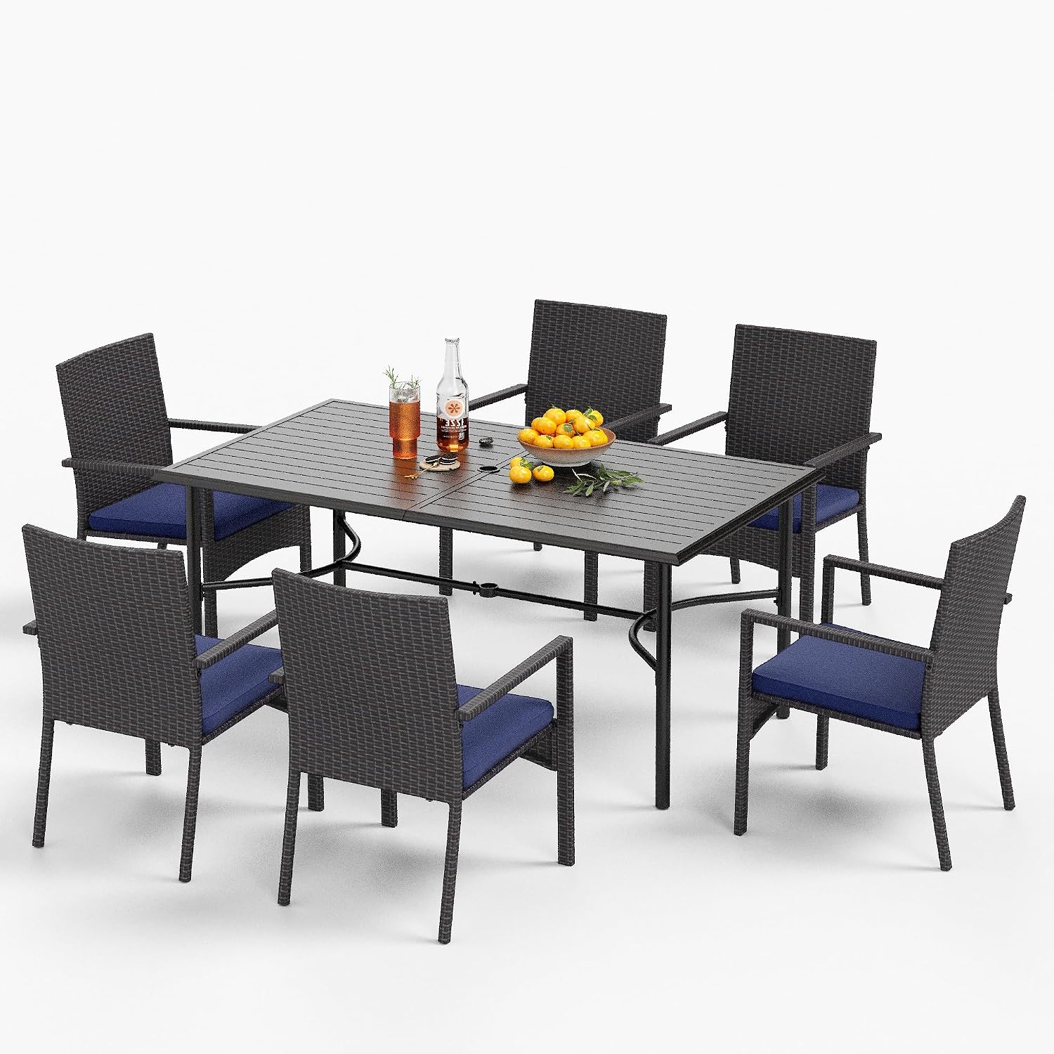 MFSTUDIO Rattan Garden Furniture Set Balcony Furniture Rectangular Garden Table with Chairs Patio Furniture with 4 cm Umbrella Hole Outdoor Patio Furniture for Garden Navy Blue Cushions Dark