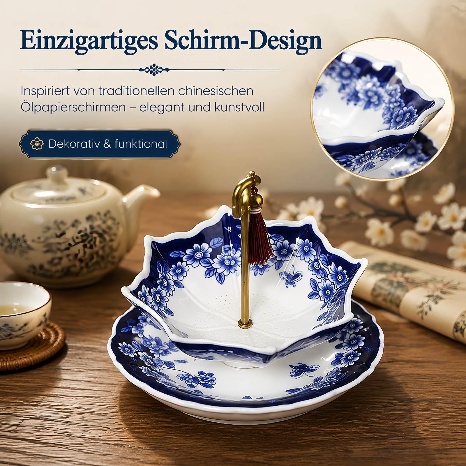 Umbrella Tea Strainer, Creative Regenschirm Teesieb aus Keramik, Blau-Weißes Porzellan-Rotationsdesign, Praktischer Teeschirm für losen Tee (2PCS Blaue Blume-Set)