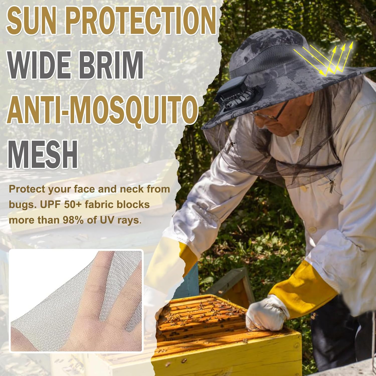 ayamaya Mosquito Net Hat with Fan Built-in, Wide Brim Solar Fan Hat with Netting, 3 Speeds Adjustable for Men Women Outdoor
