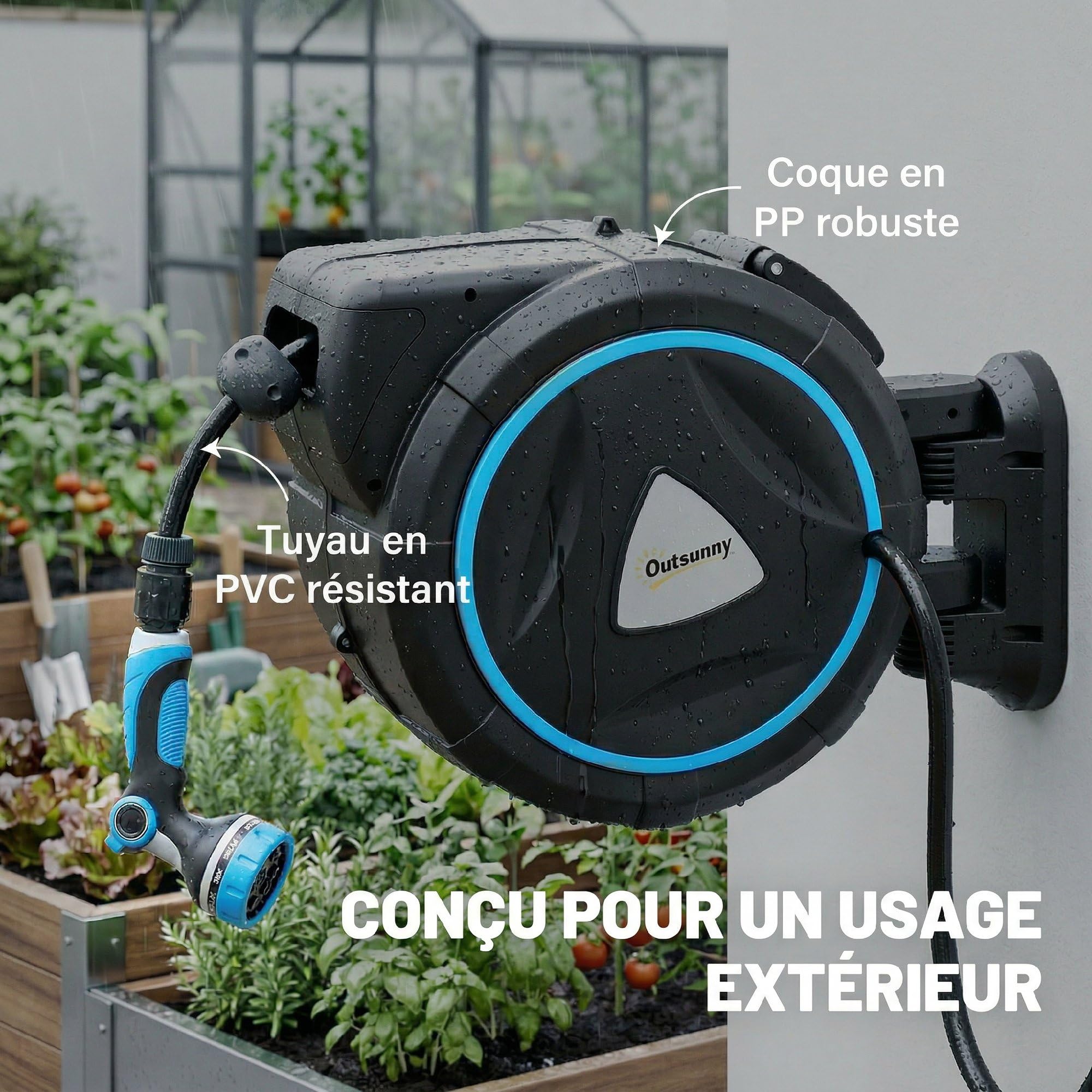 Outsunny Avvolgitore Tubo per irrigazione a parete automatico 23+2m 10+2 modalità blu | Pistola da irrigazione 10+2 modalità, soluzione di irrigazione retrattile e flessibile, giardino, pulizia auto