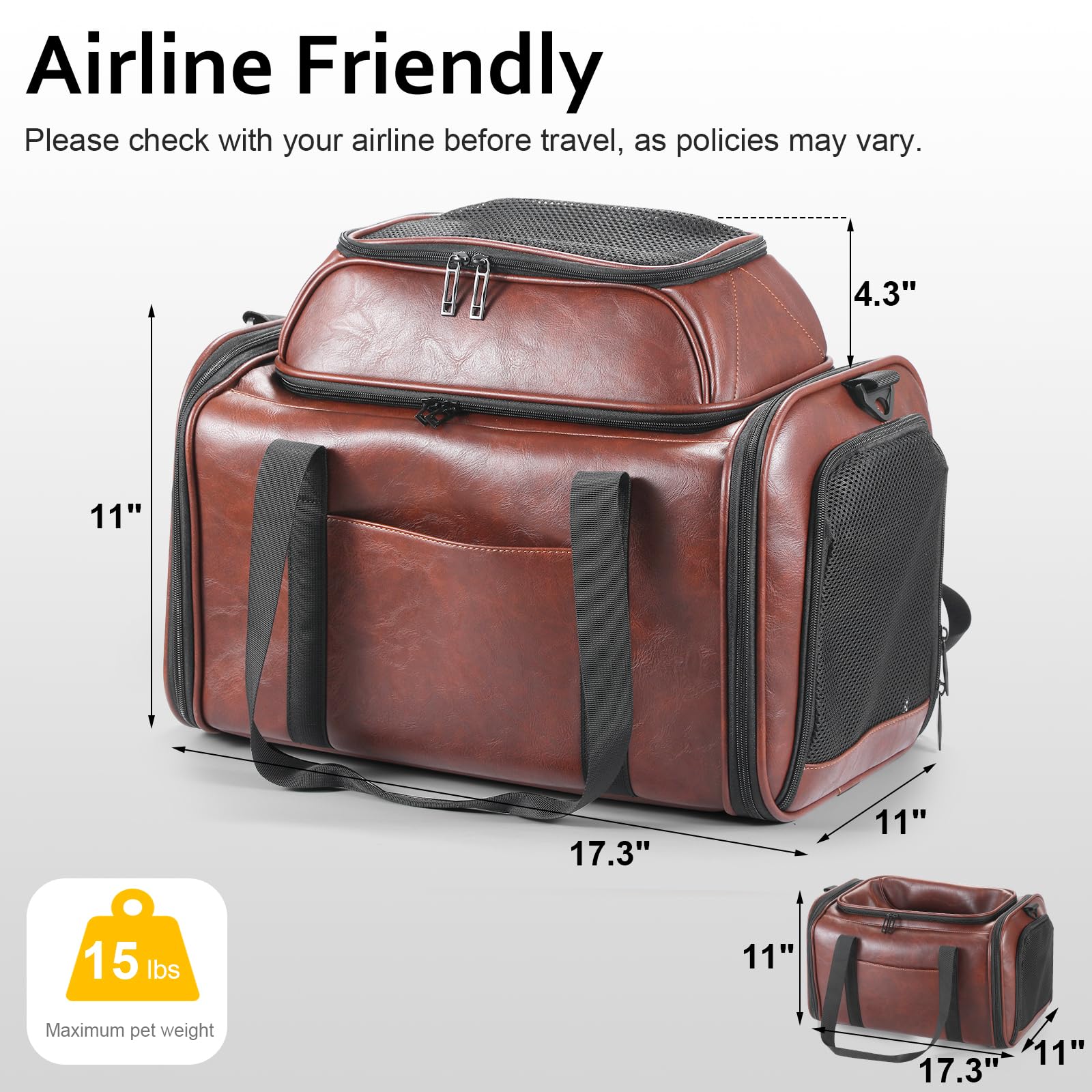 Premium Leather Top Expandable Pet Carrier for Small Dogs & Cats Under 15 lbs, Airline Approved Collapsible Soft-Sided Luxury Travel Bag Coffee - image 2