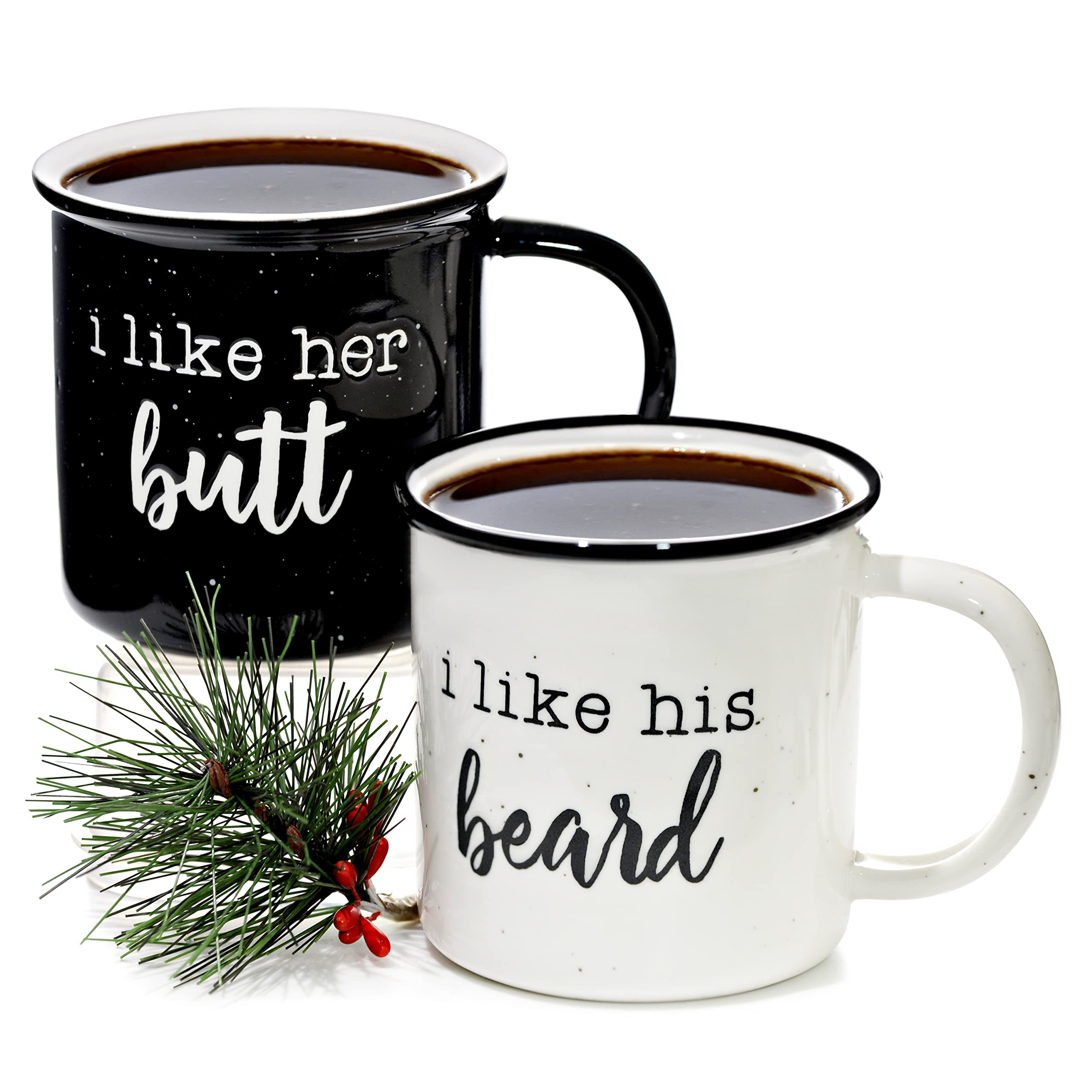 MAINEVENTI Like His Beard I Like Her Butt Coffee Mug Set of 2 11 Ounce, His Her Mug, Couple Wedding Gift