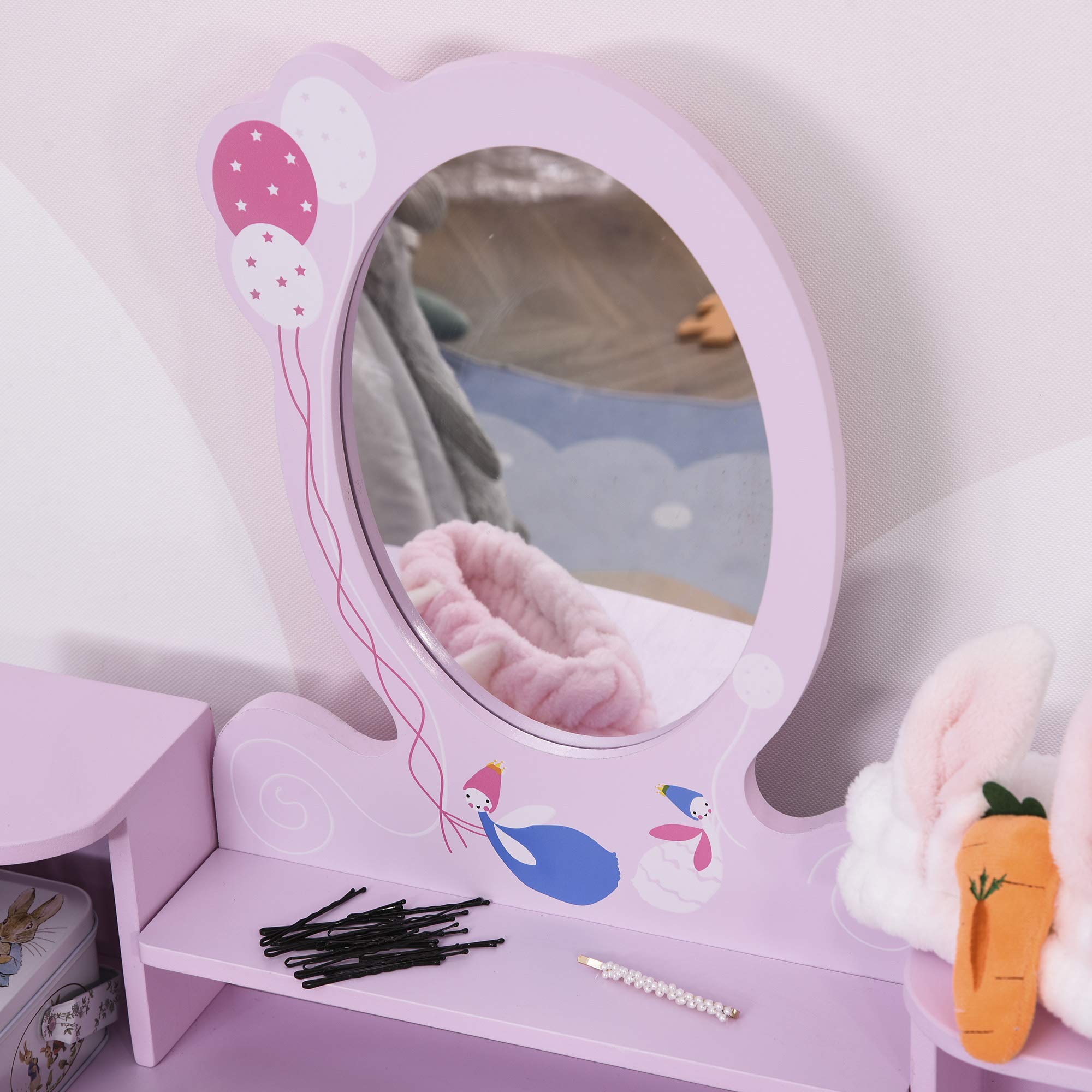 HOMCOM Tocador Infantil con Taburete y Espejo Tipo Princesa Mesita de Maquillaje de Madera Rosa Juguete para Niñas 60x34x93 cm