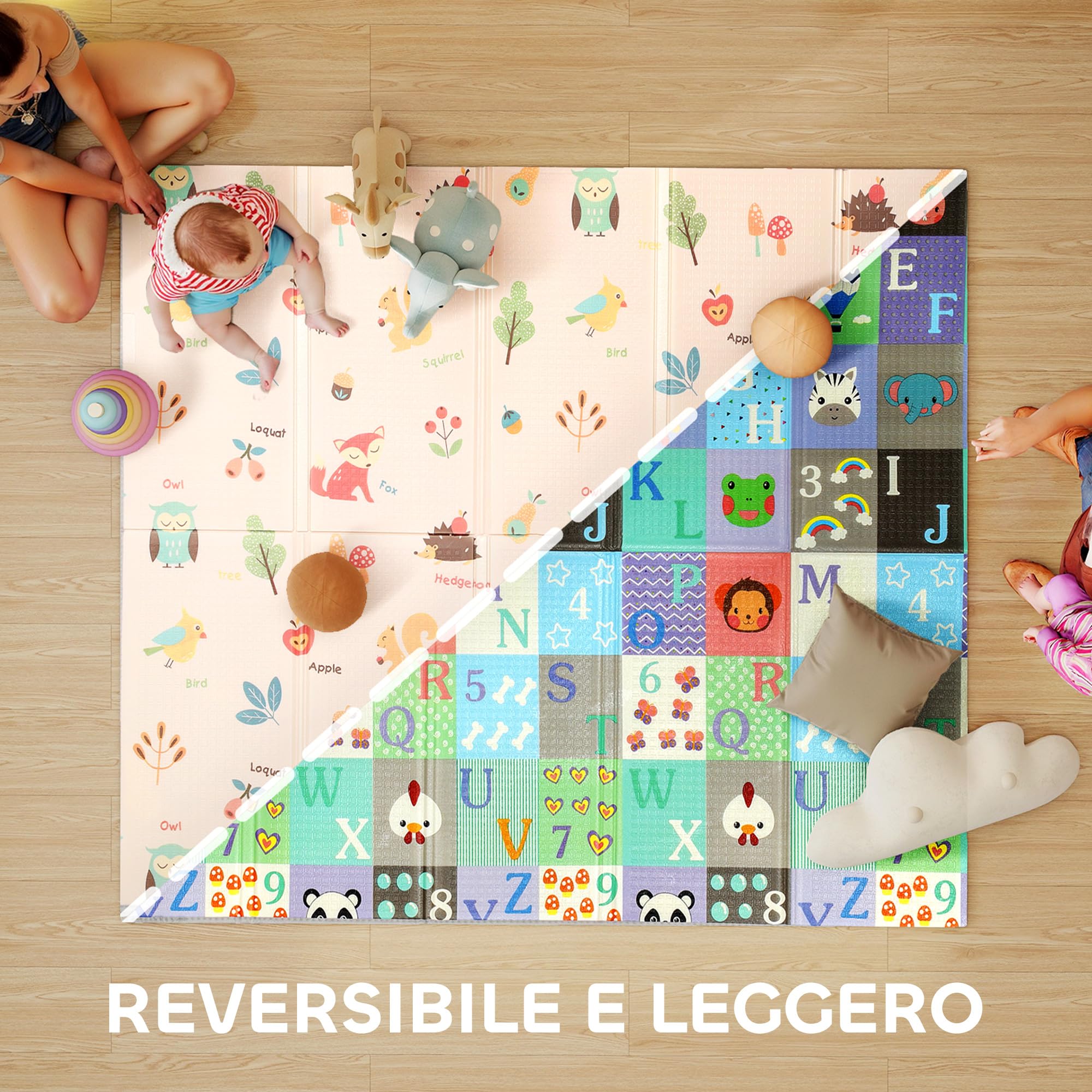 AIYAPLAY Tappeto per Bambini 0-3 Anni con Numeri e Lettere e Superficie Impermeabile, Tappeto Gattonamento in XPE e PE, 180x150x1 cm, Multicolore