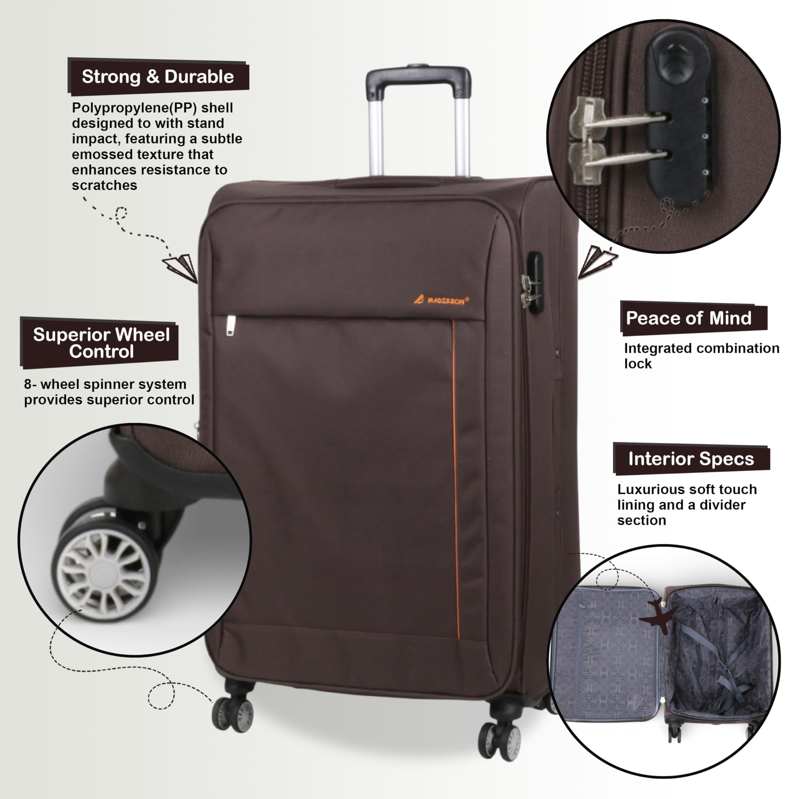 Infinity Leather Lekka miękka obudowa walizki 8-kołowy bagaż podróżny, Brązowy, M - 26", Walizka