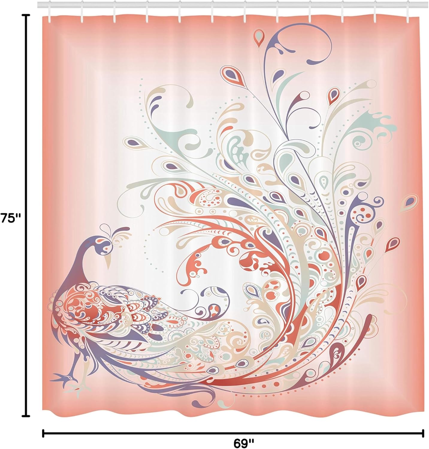 Ambesonne Abstract Shower Curtain, Peacock Bird Tail Feathers Plume Paisley Pattern Ornamental Design, Cloth Fabric Bathroom Decor Set with Hooks, 69" W x 75" L, Coral Blush