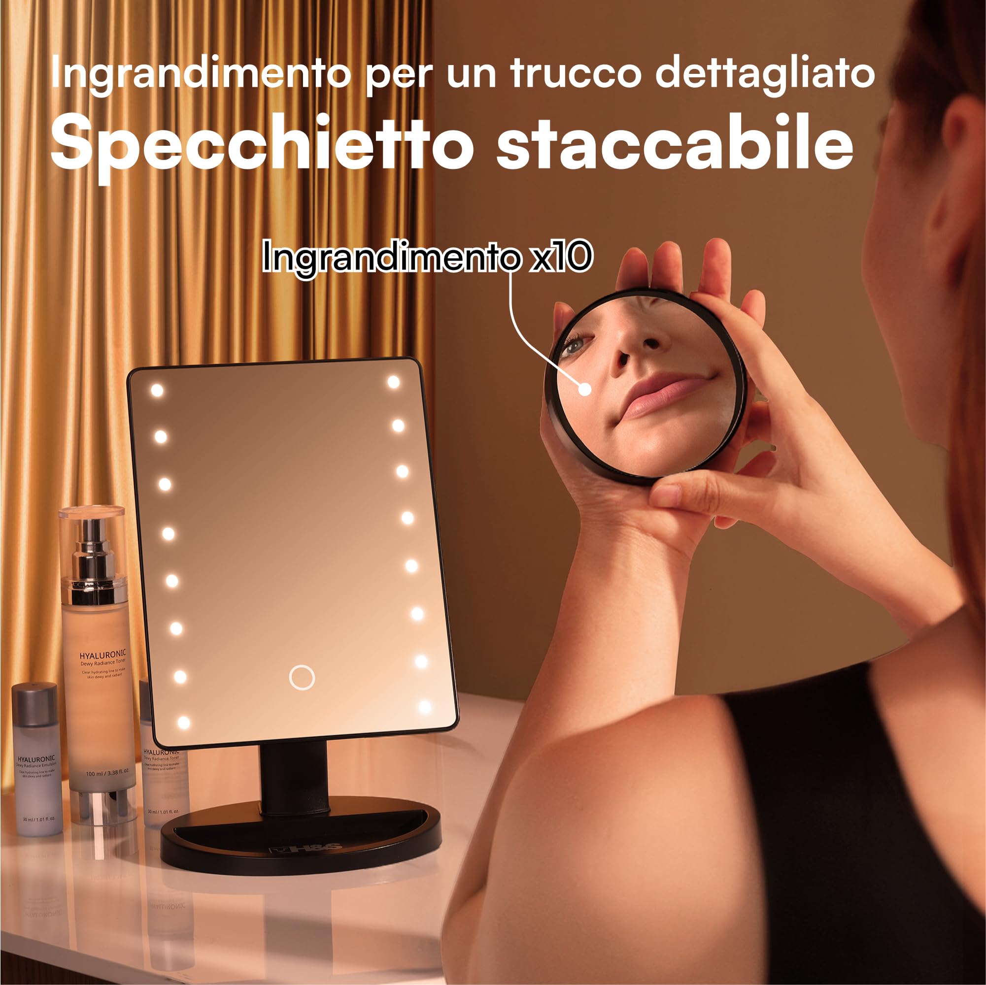 Pro Beautify, specchio da trucco personale ovale con luci, specchio ingranditore per tavolo, specchio da trucco a LED, girevole a 360 gradi, include specchio compatto con ingrandimento 10x