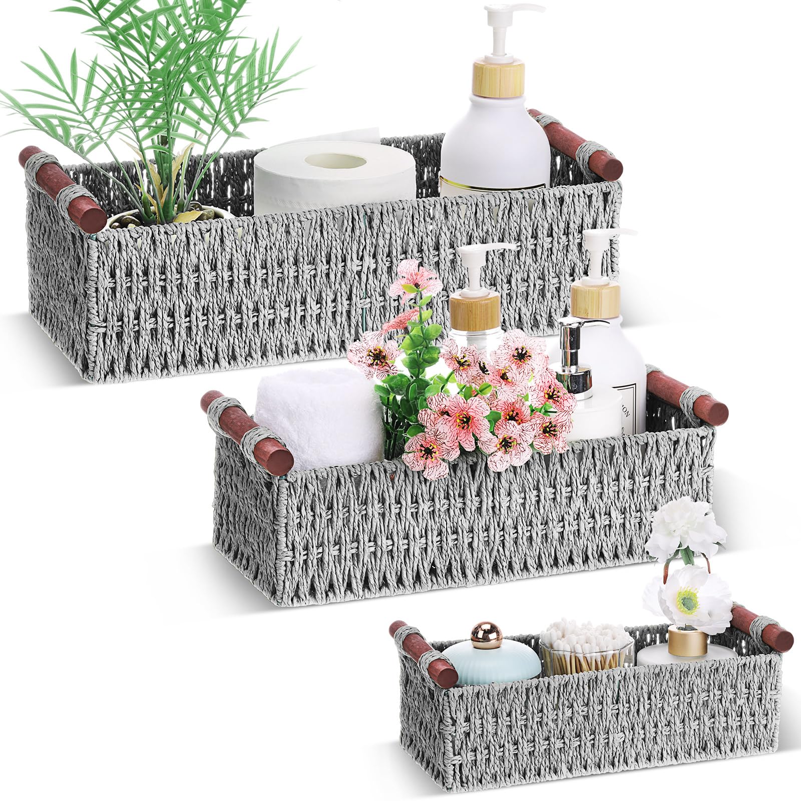 Boao 3 Pcs Boho Storage Wicker Baskets Handmade Woven Decorative Paper Rope Baskets for Organizing with Handle Countertop Toilet Paper Storage Container for Toilet Tank Top(Light Grey,Rectangle)