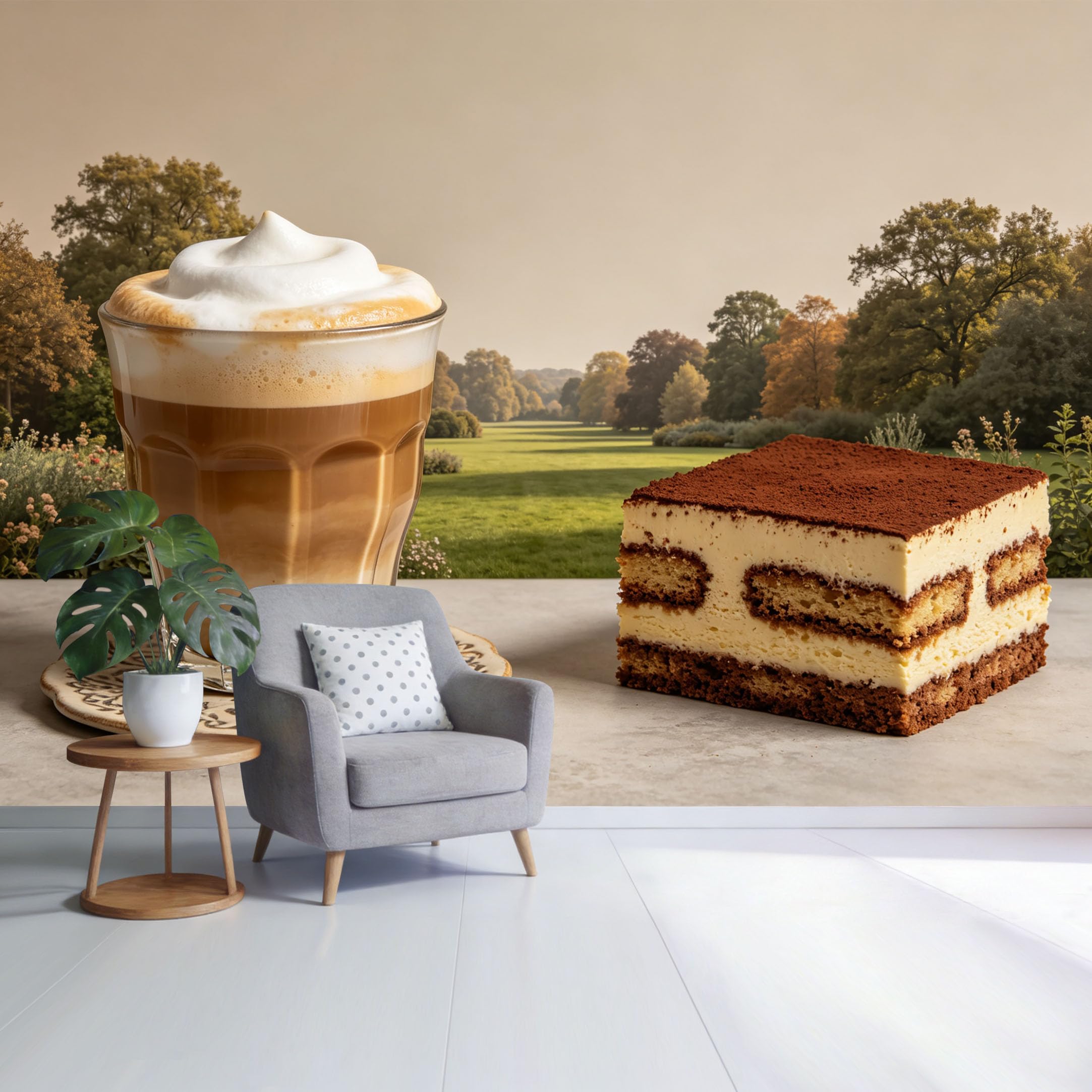 Custom Size Wall Mural Coffee Latte and Tiramisu Dessert Landscape Botanical Morning Scene SelfAdhesive Wall Fabric Removable Wallpaper for Home Office Decor