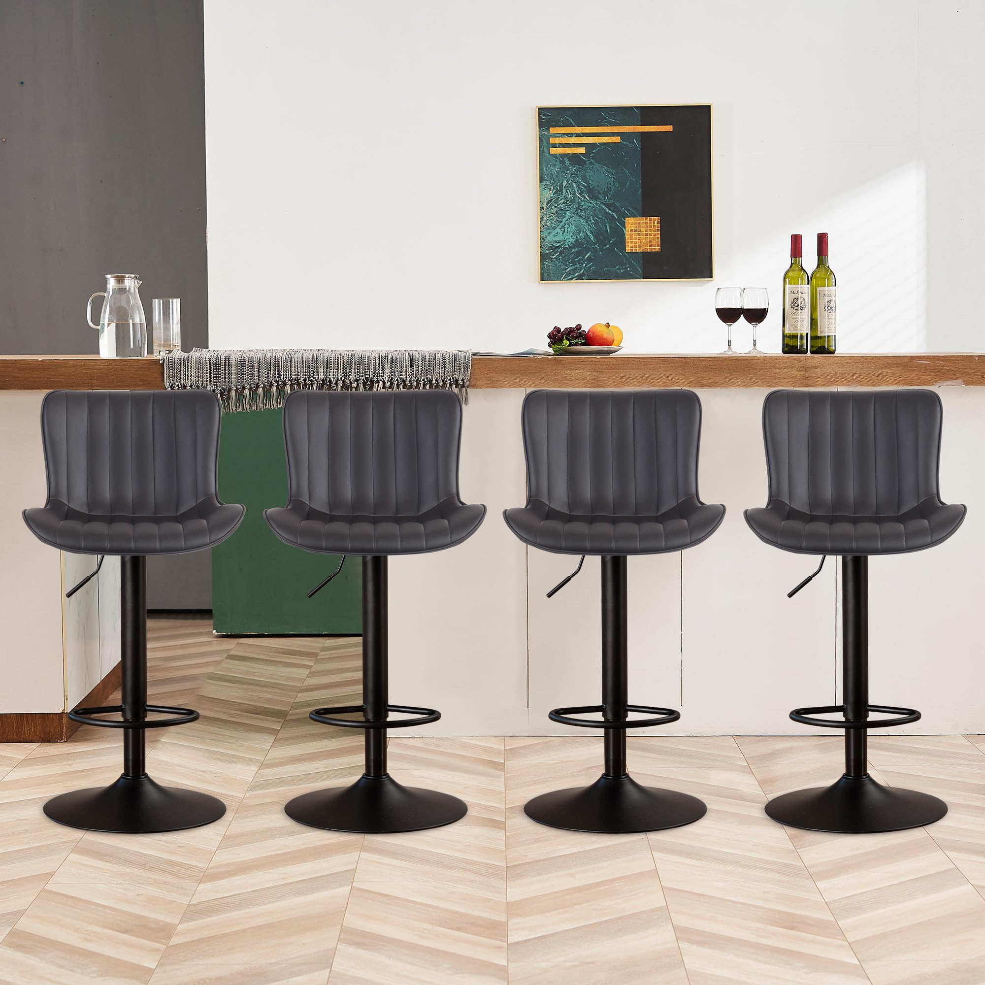 YOUNIKE Brown Bar Stools Set of 4 Modern Swivel Counter Height Bar Chair with Back Adjustable Kitchen Island Faux Leather Padded Barstools taburetes