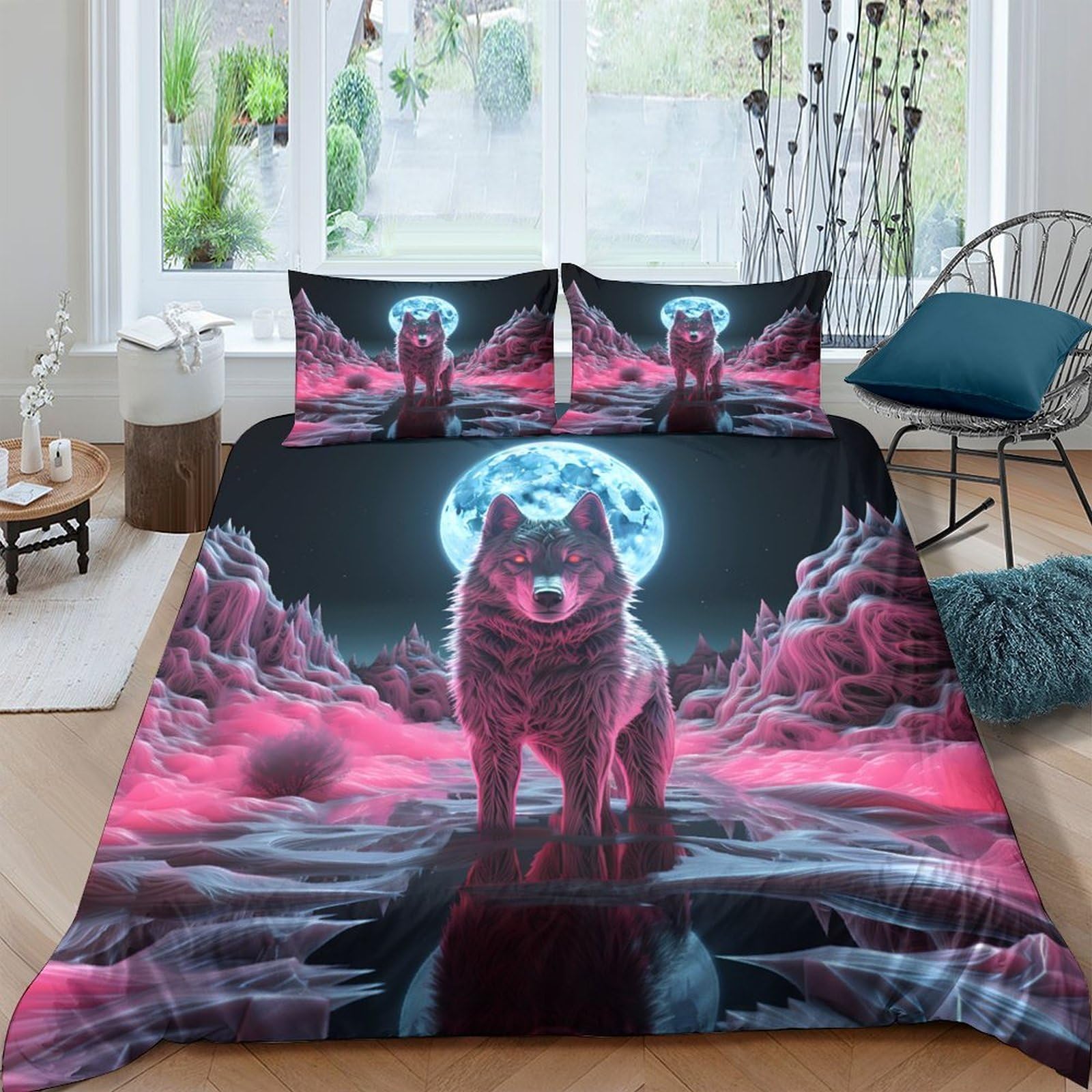 GPLZQXKJNH 3D Printed Wolf Moon Duvet Cover Set Microfiber Soft Breathable Pink Landscape Bedding with 2 Pillowcases for Bedroom Single（135x200cm）