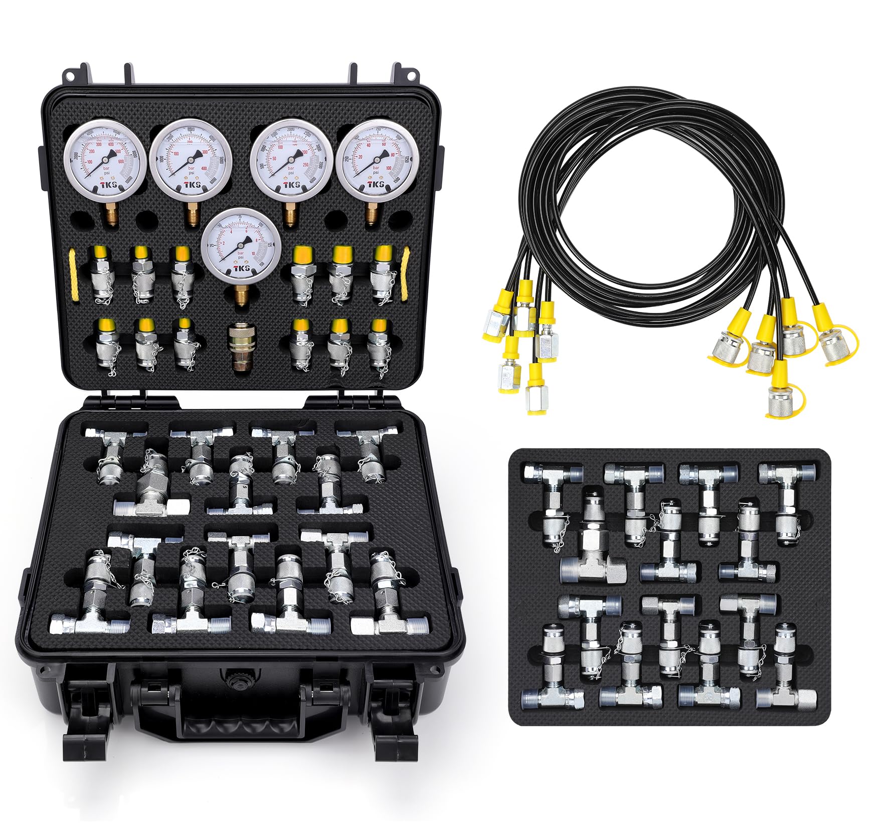 Hydraulic Pressure Test Kit, 600bar /10000psi / 60Mpa 5 Gauges 13 Test Couplings 14 Tee Connectors 5 Test Hoses, Hydraulic Test Gauge kit for Excavator Construction Machinery (5 Gauges)
