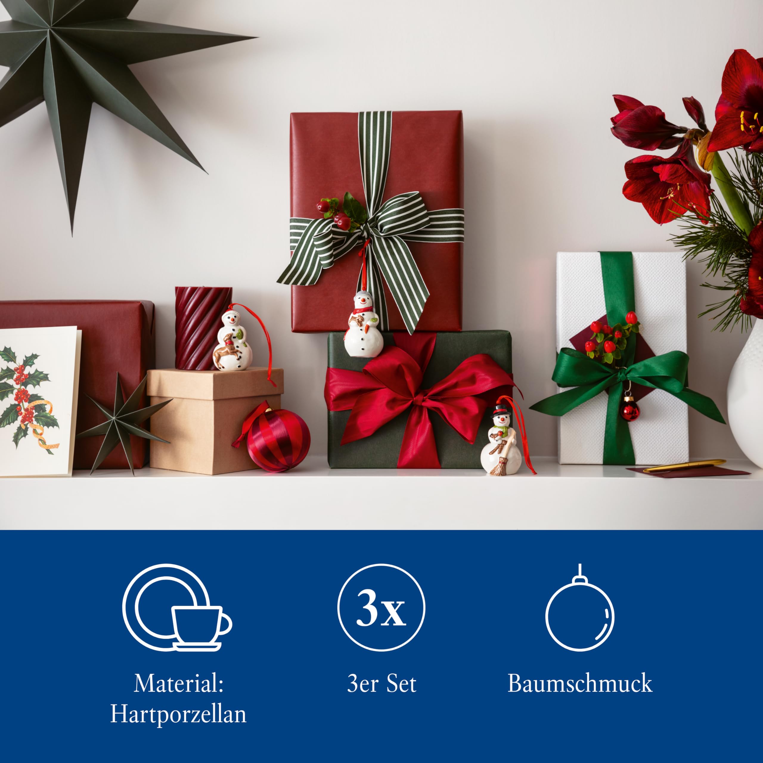 Villeroy & Boch Nostalgic Ornaments bonhommes de Neige, Ensemble de 3 pcs, 8 x 3,5 cm
