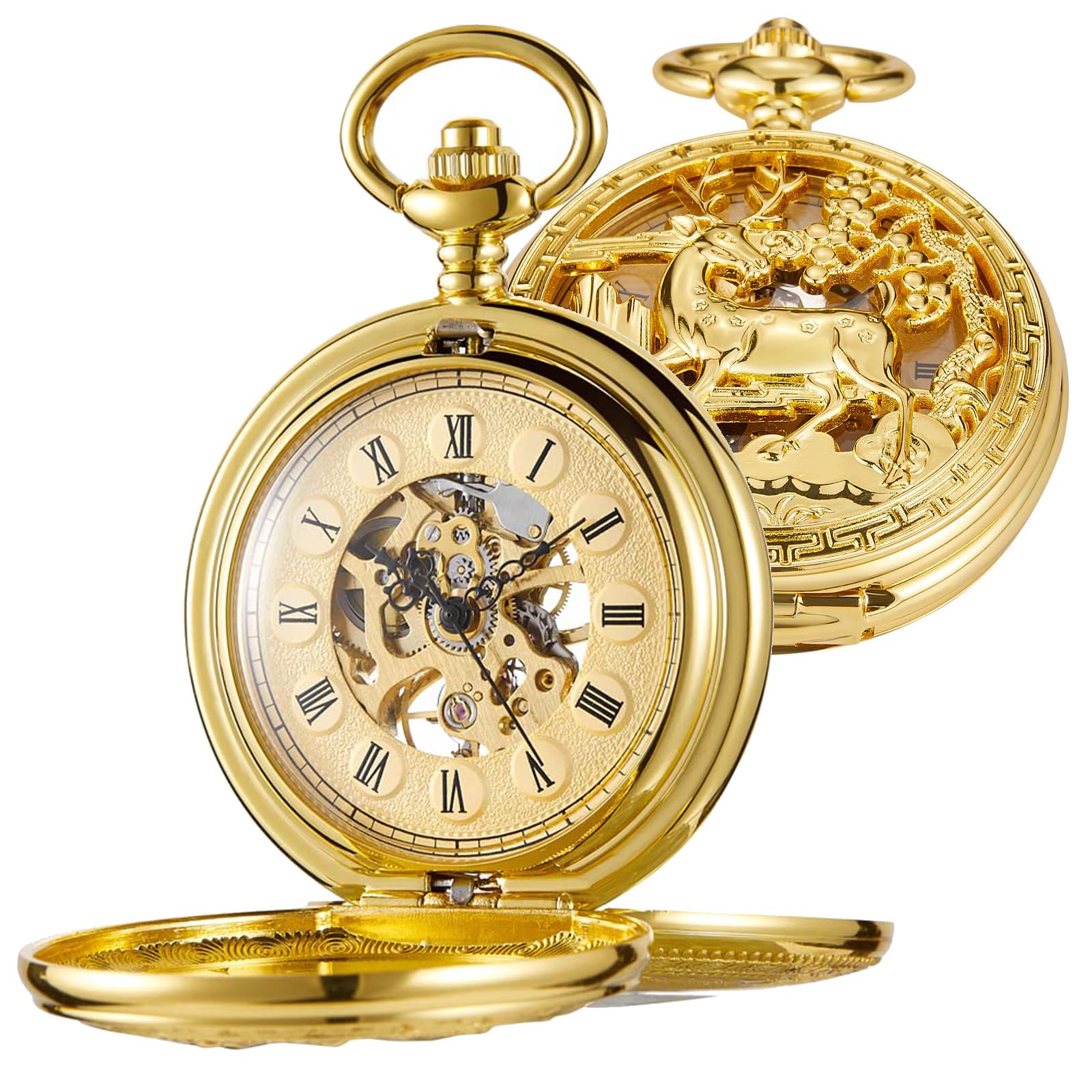 Mechanical Pocket Watch, Double Cover Roman Numerals Vintage Pocket Watch with Chain for Men