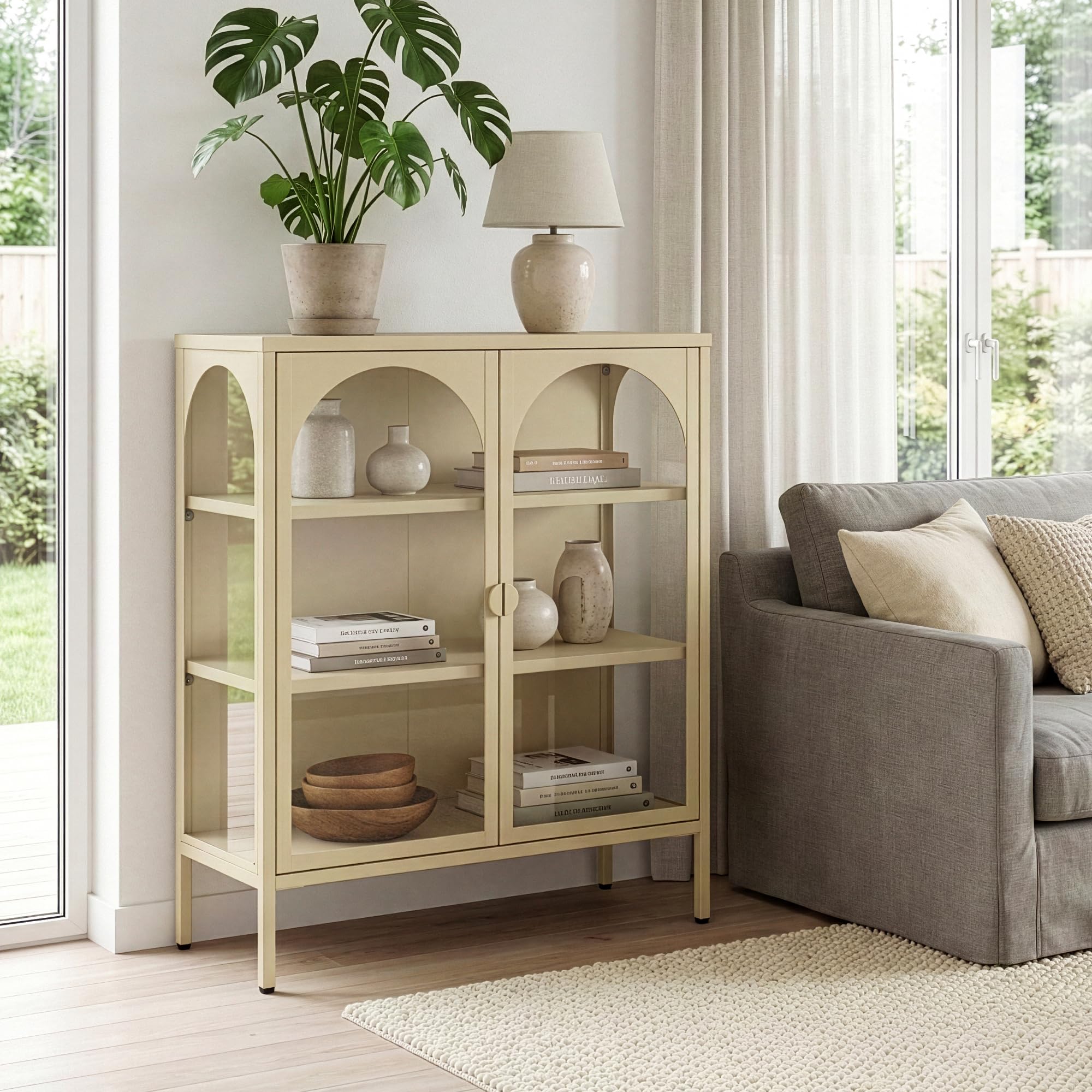 [en.casa] Vitrina Klippestad Aparador Alto 2 Puertas de Cristal Transparente 3 Compartimentos Cerrados Mueble Auxiliar para Cocina Comedor Oficina Acero 95 x 80 x 35 cm - Camel
