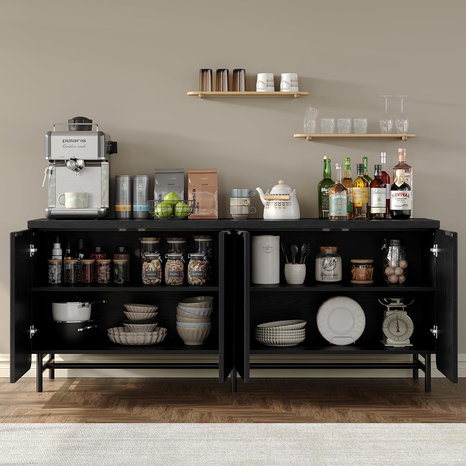 Furniouse 66.2''W Large Fluted Buffet Cabinet with doors open, showing internal storage