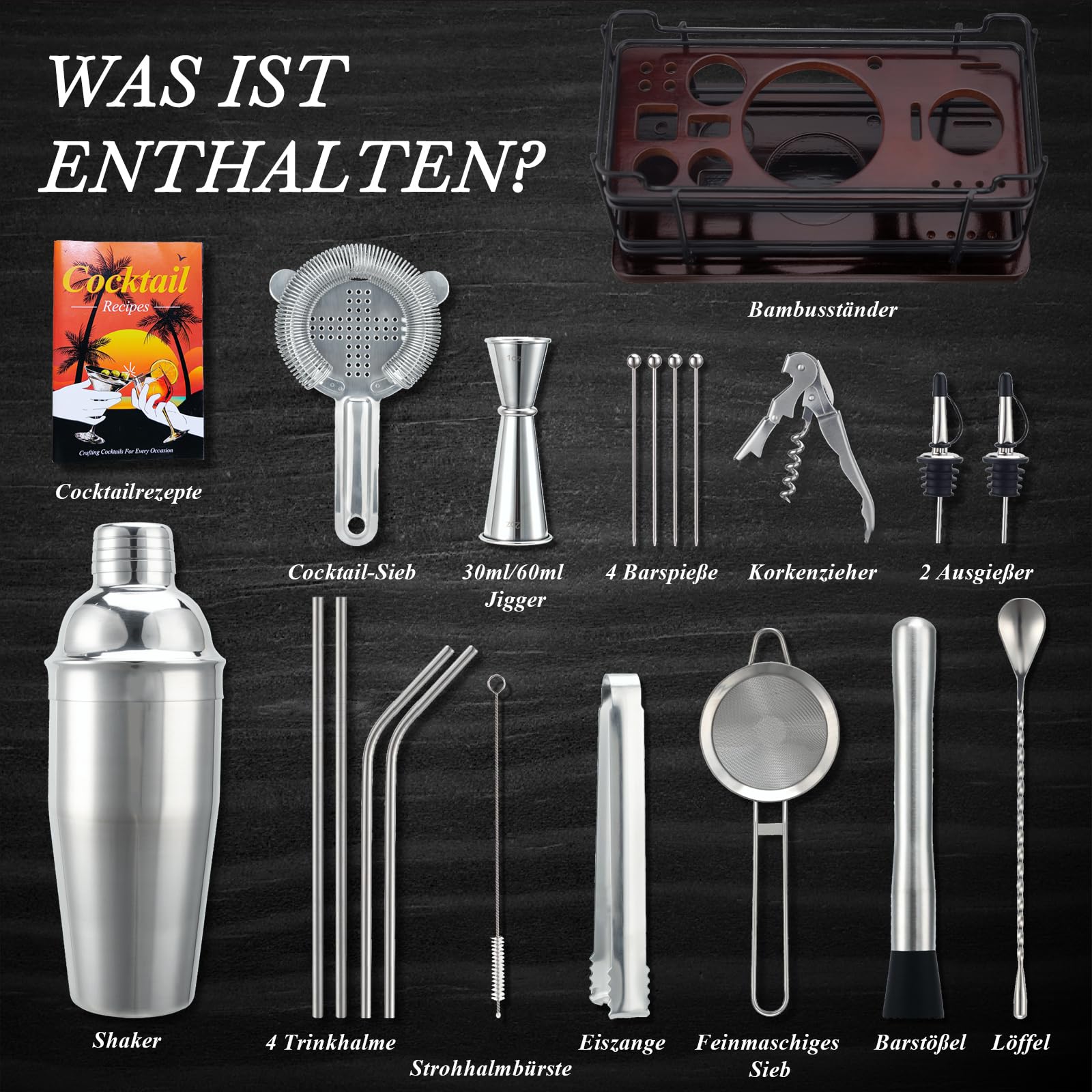 20-teiliges Cocktail Shaker Set mit Stand, 750ml Shaker Edelstahl Cocktail Set für die Hausbar, Profi Cocktail Maschine Barkeeper Set mit Bar Zubehör & Rezeptbuch, Ideales Geschenkset (Silber)