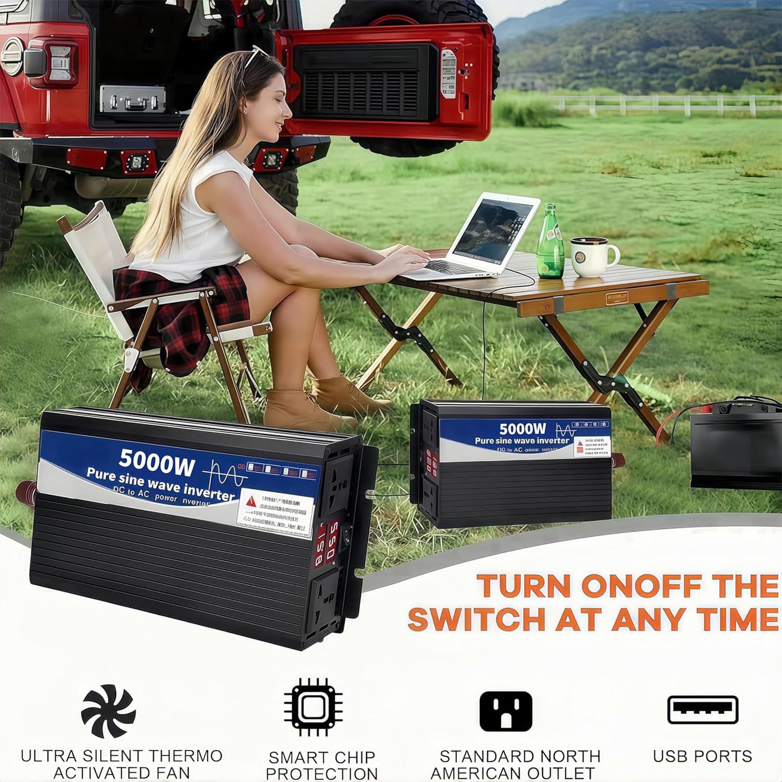 Wechselrichter 5000 W, Reiner Sinus-Auto-Wechselrichter DC 12 V 24 V 48 V 72 V auf AC 220 V/110 V, 2 AC-Steckdosen, Fahrzeug-Wechselrichter mit Stromkabel,24V to 220V