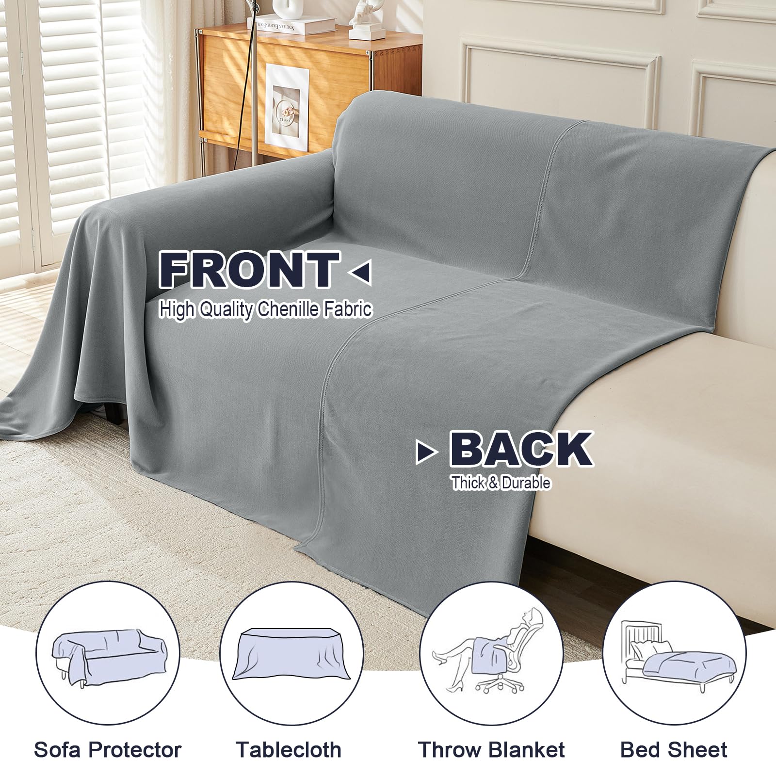 Royhom Sofa Überzug, Chenille Couch Überzug Ecksofa, Sofabezug L Form, Sofa Schutzdecke, Sofahusse mit Armlehne, Sofaüberwurf Decke Weich und Bequem, Grau, 340x180 cm