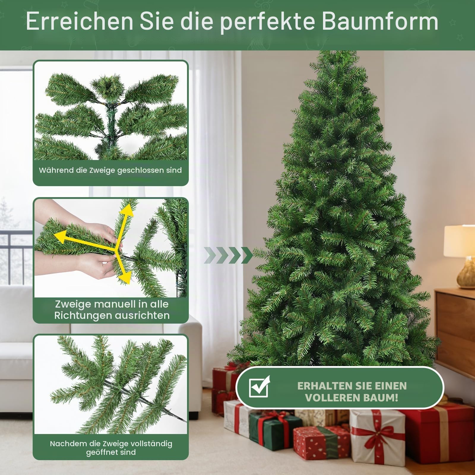 YEAUPE PRO Weihnachtsbaum künstlich, Tannenbaum künstlich mit Metallständer, Christbaum, PVC Tannenbaum mit 800 grünen Spitzen, Grün - 1 Bänder (180CM)