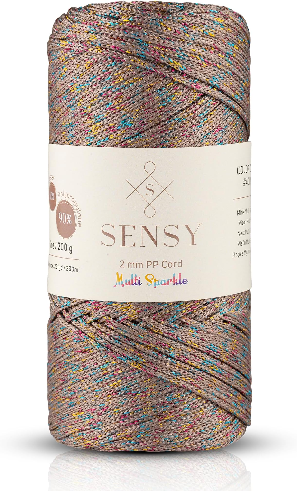 Sensy Premium 2mm 251 Yards Sparkle Polyester Rope 90% Polypropylene 10% Polyester Cord Macrame Cord 2mm Crochet Bag Cord Macrame Rope Crochet Thread for Knitter (Mink Multi Sparkle)