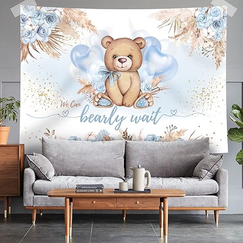 Miniatura 5 de Telón de fondo de baby shower con diseño de oso para baby shower, estilo bohemio, flor azul con texto en inglés "We can Bearly Wait", globos de