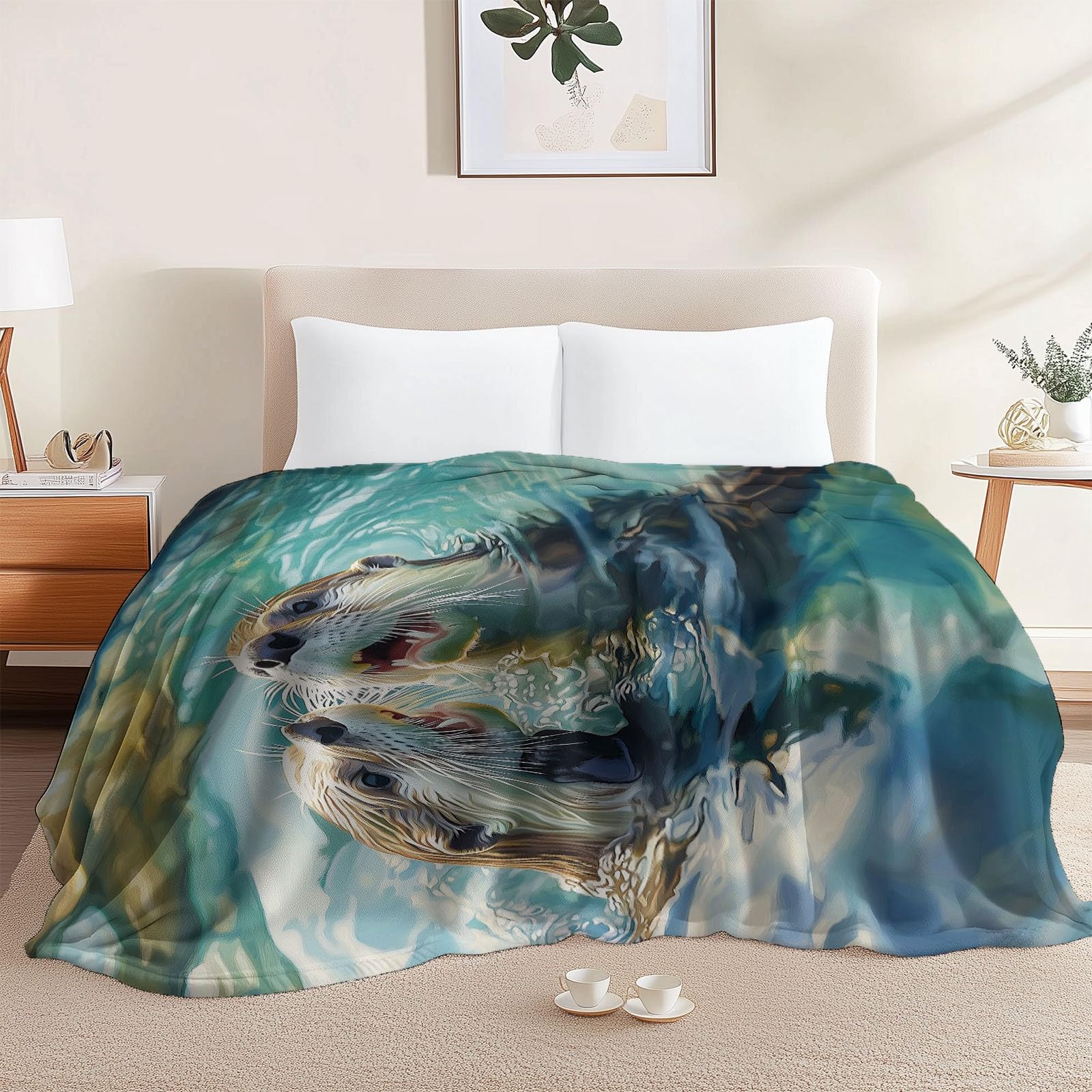 Nadruk jasnozielony, zwierzęcy koc polarowy, miękka wydra powierzchnia wody przytulny flanelowy koc dla nastolatków dorosłych - 150 x 200 cm na łóżko na sofę