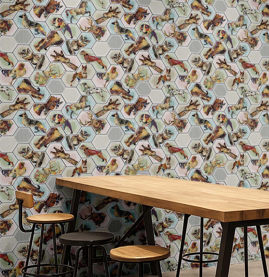 Papier peint de bureau S4Sassy motif animal hexagonal déco commerce gris