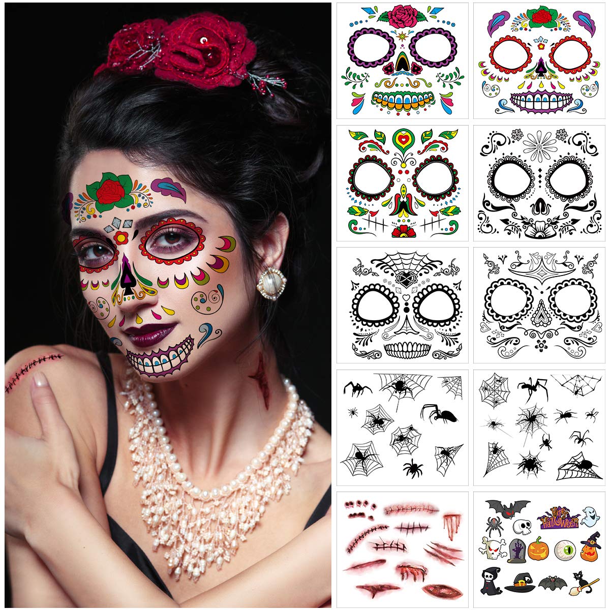 Frcolor Halloween Tattoo Kit 10 Sheets,Temporary Halloween Makeup Skull Floral Skeleton Scar Spider Waterproof Tatoos for Masquerade Party Cosplay Costume