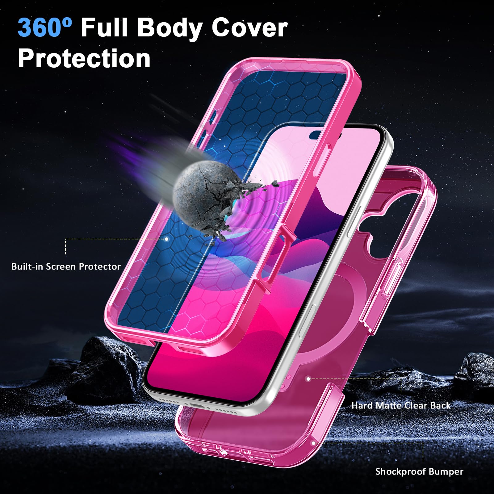 Custodia per iPhone 17 con pellicola protettiva integrata con supporto magnetico invisibile [compatibile con MagSafe] copertura integrale militare antiurto traslucida per telefono, rosa