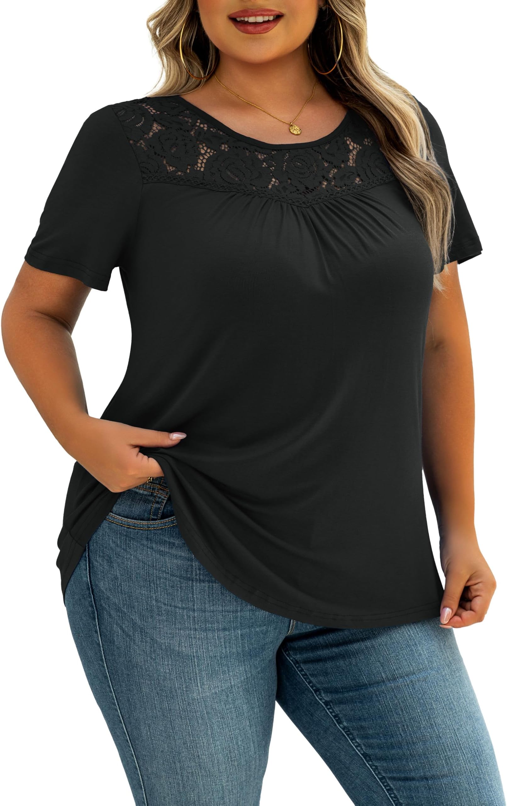 Women's Plus Size Summer Tops Short Sleeve Shirts Lace Pleated Tunic Tops Blouses M-4XL