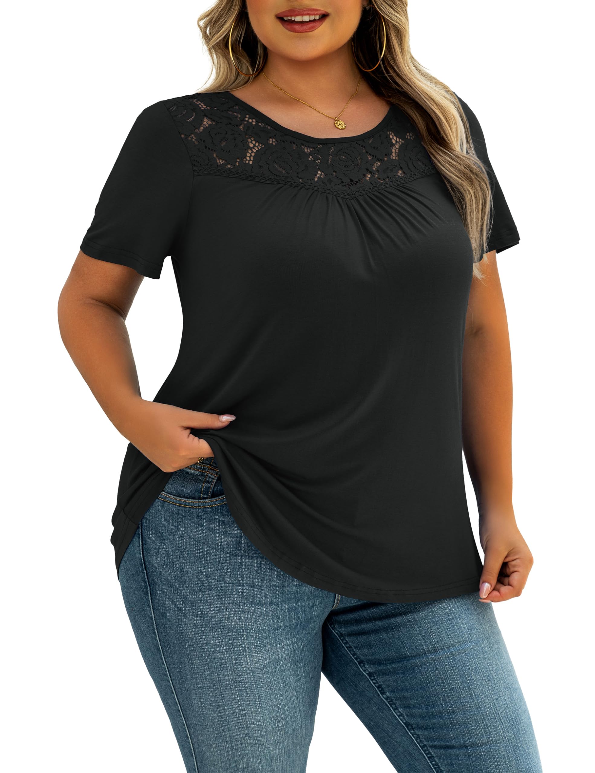 Women's Plus Size Summer Tops Short Sleeve Shirts Lace Pleated Tunic Tops Blouses M-4XL