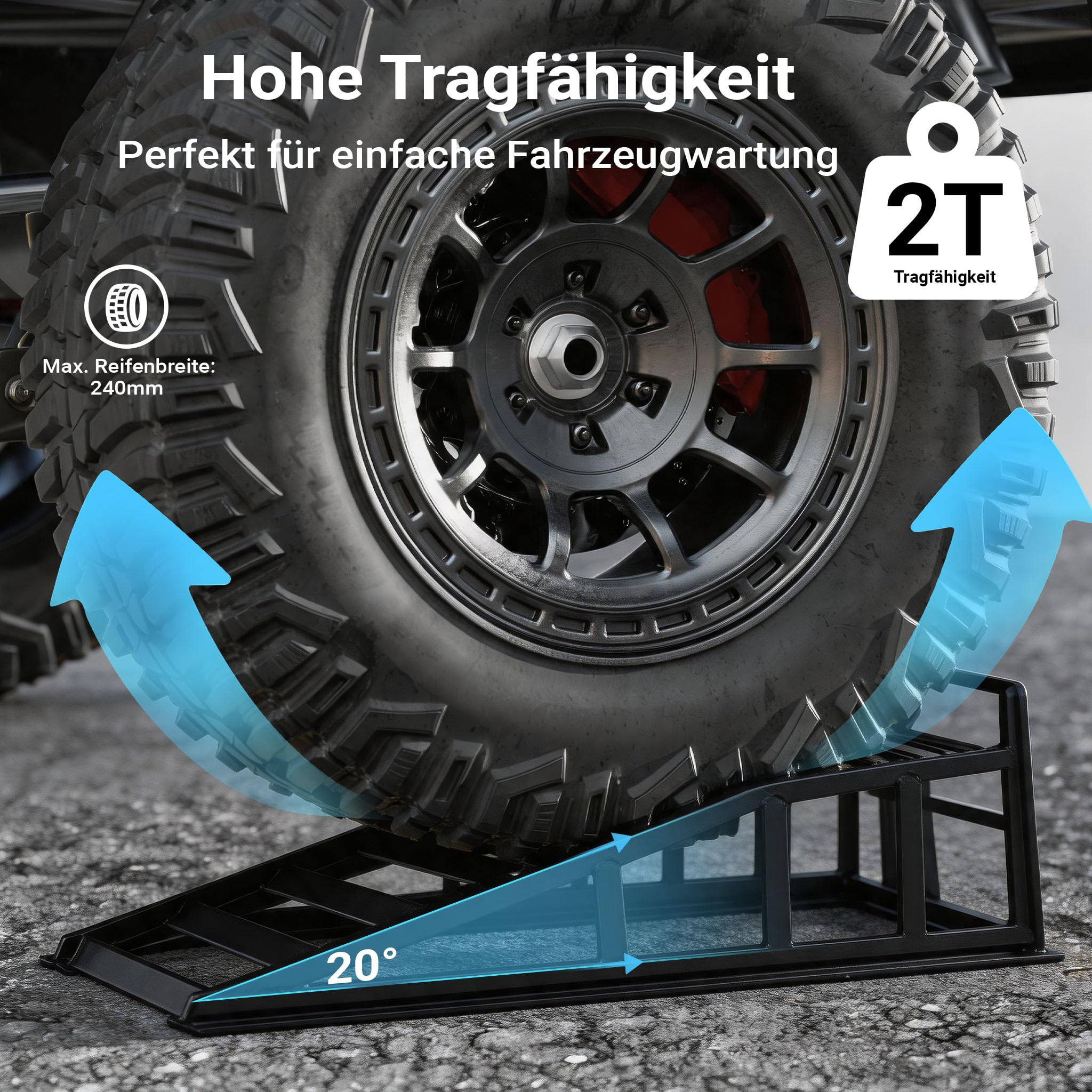Wiltec 2X Auffahrrampe bis 2 t je Paar 905 x 295 x 278 mm, Auffahrbock für Fahrzeuge, Wartungsrampe aus Stahl