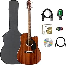 Guitarra acústica eléctrica Fender CD-60SCE Dreadnought, paquete de caoba con funda rígida, afinador, correa, cuerdas, púas, DVD instructivo del Bazar de Austin y gamuza para pulir