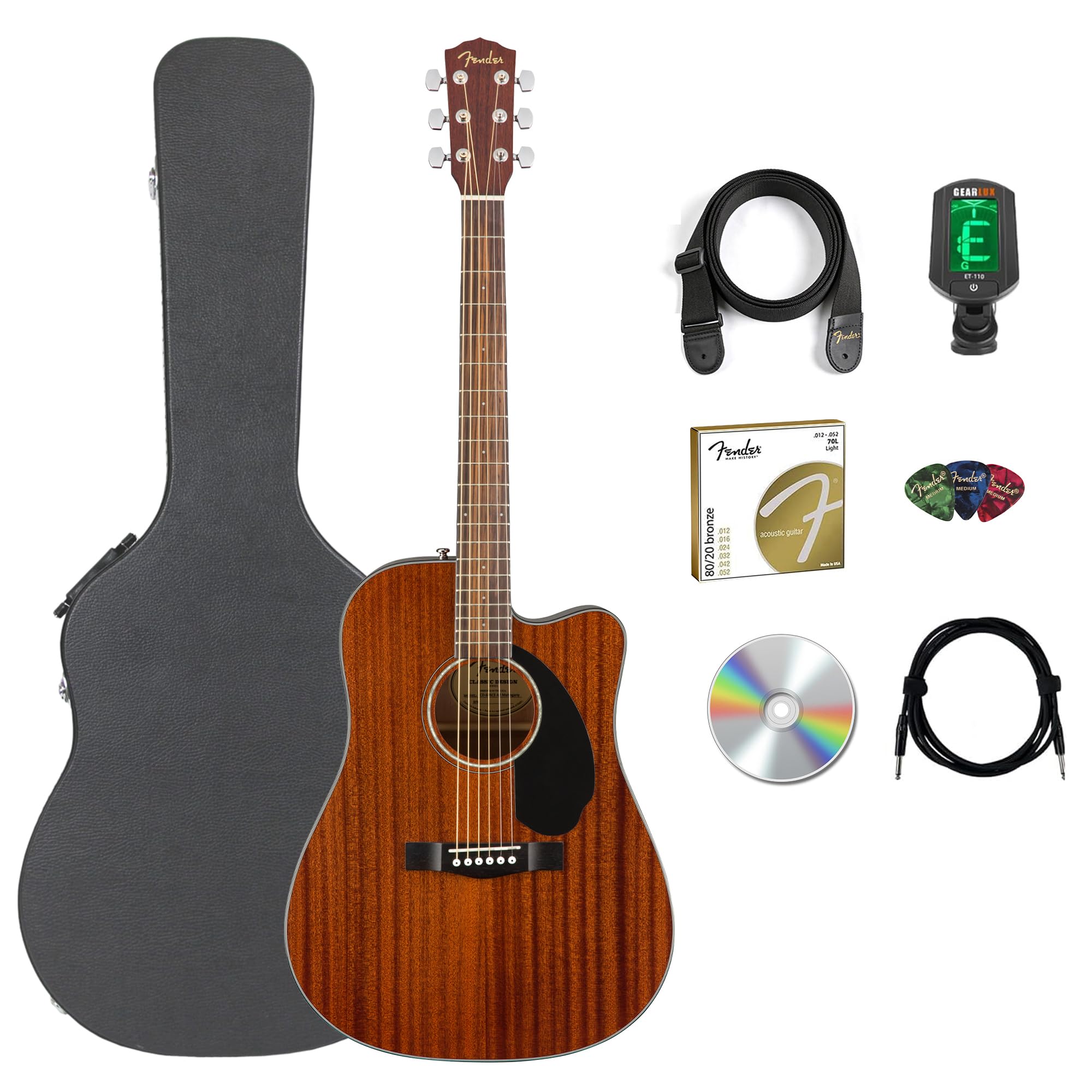 Fender CD-60SCE Solid Top Dreadnought Acoustic-Electric Guitar - All Mahogany Bundle with Hard Case, Instrument Cable, Strap, Tuner, Picks, Strings, and Austin Bazaar Instructional DVD