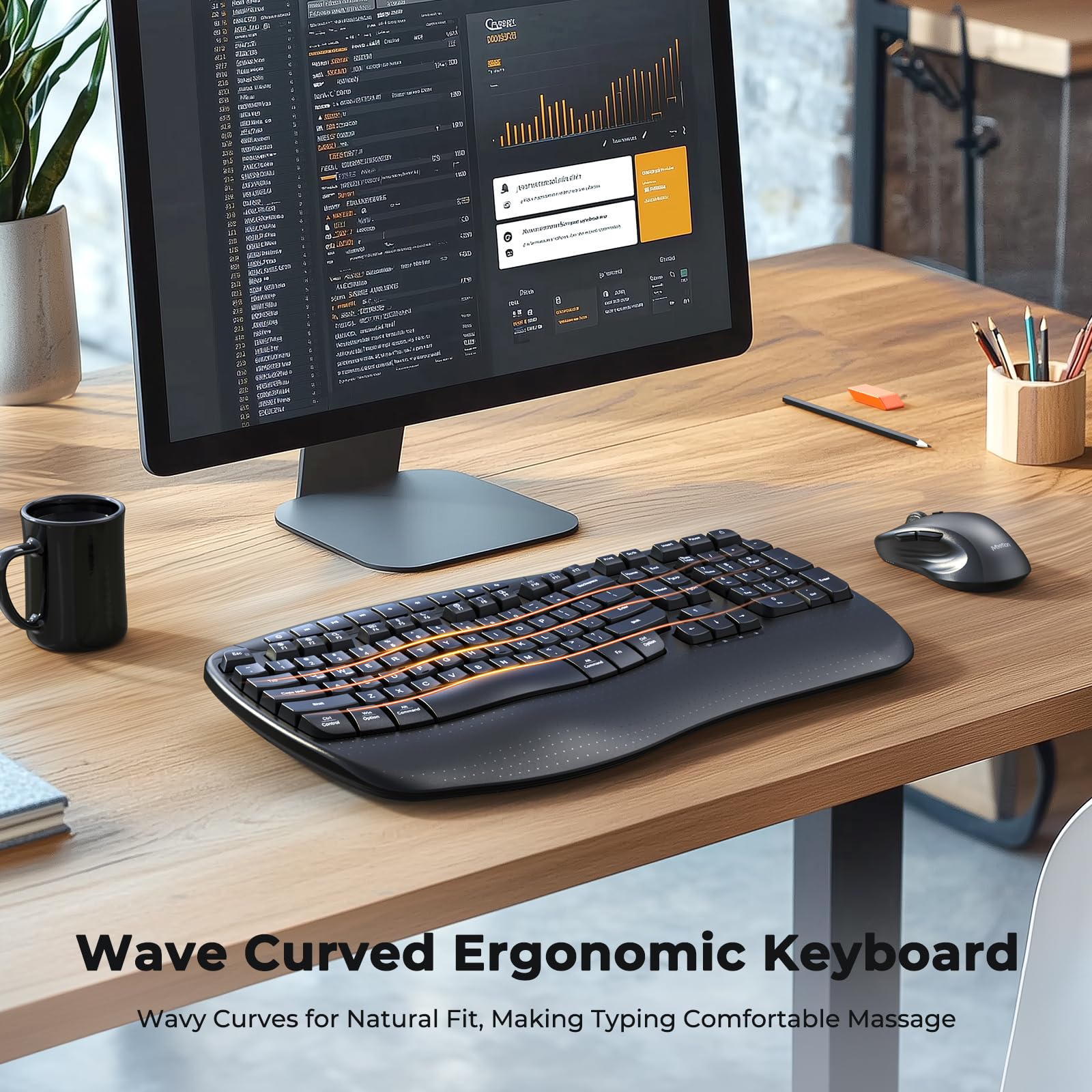 MEETION New Ergonomic Keyboard and Mouse Wireless Combo, Wave Keys Natural Typing, 2.4G Wireless Keyboard with Wrist Rest, 4 Adjustable DPI Optical Mouse, Computer/Laptop/Windows/Mac, Black