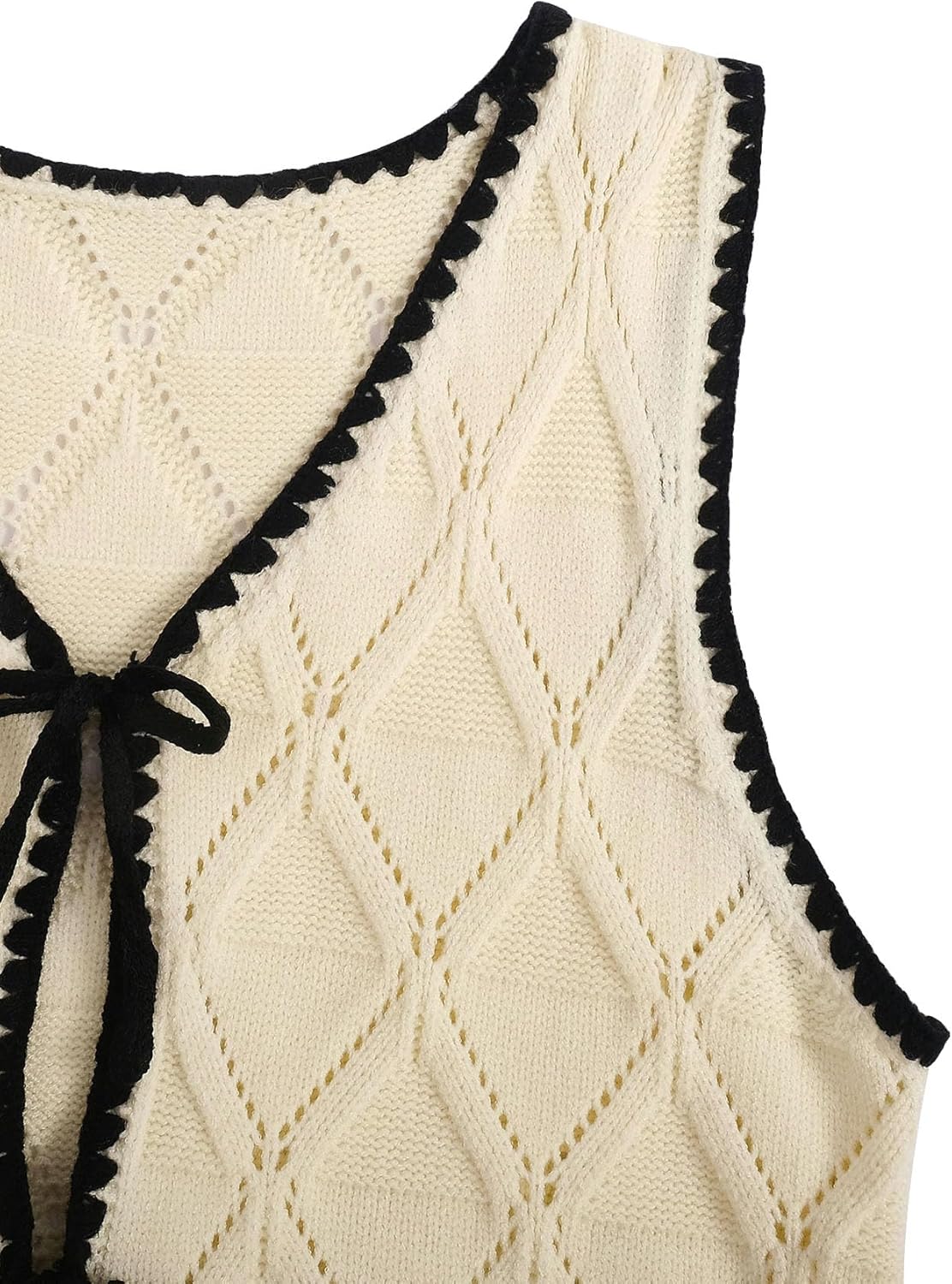 Verdusa Women's Old Money Bow Tie Crochet Sweater Vest Contrast Binding Knot Front V Neck Knit Top - Image 5