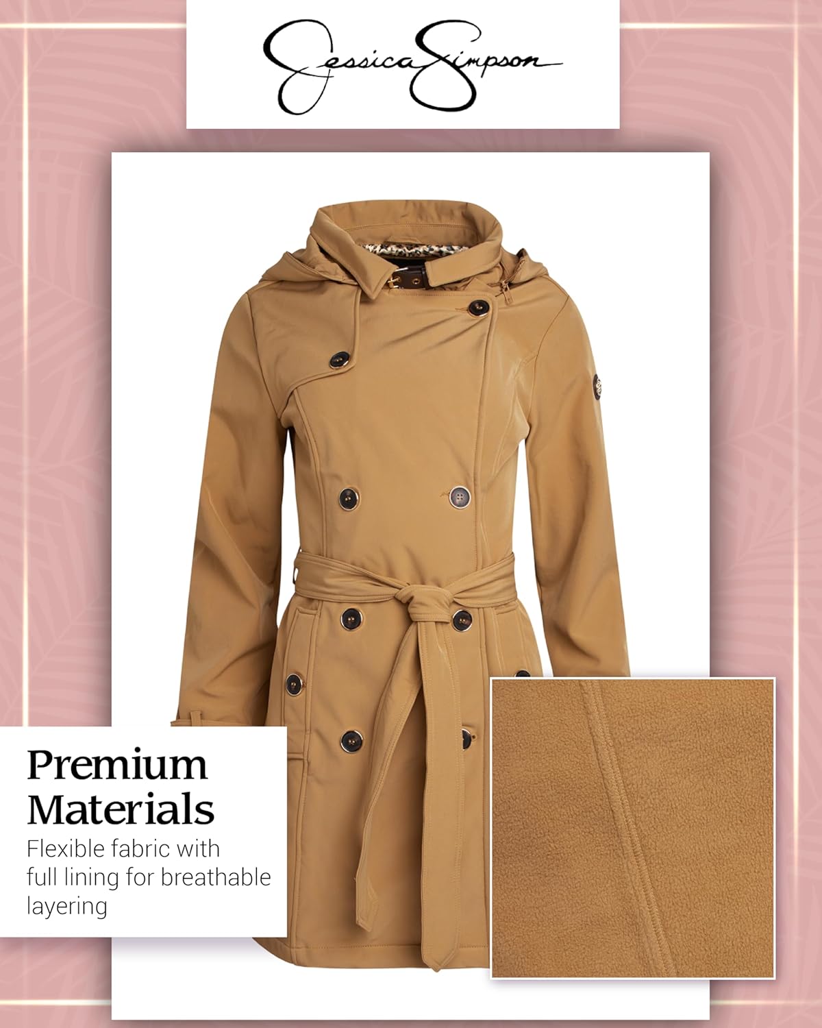 Jessica Simpson Womens Trench Coat - Lightweight Belted Softshell Jacket - Polar Fleece Lined Hooded Long Coat for Women - Image 6