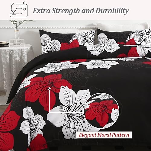 Miniatura 4 de Juego de funda de edredón de 3 piezas, tamaño Queen, diseño floral rojo, elegante funda de edredón floral bohemio con 2 fundas de almohada, juego de